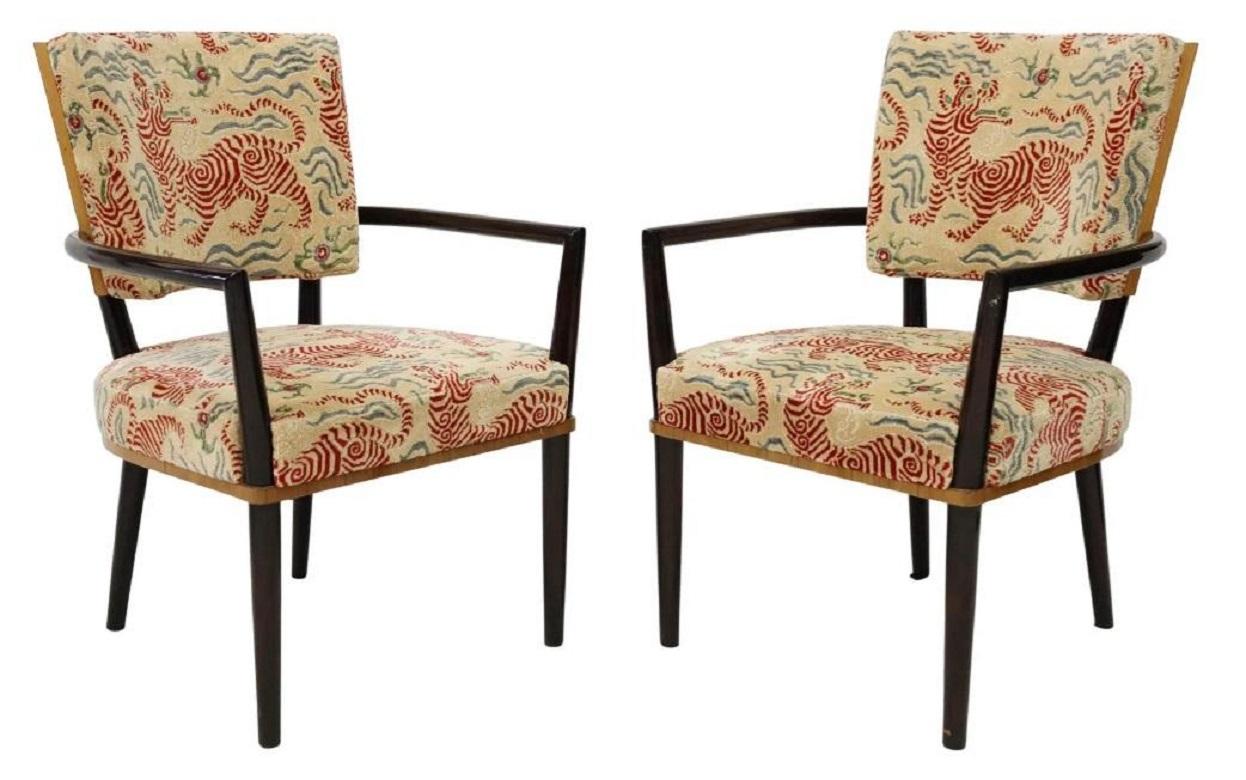 Therien Studio Workshops for Dessin Fournir Modern Armchairs. Each features Clarence House Tibetan Tiger fabric.