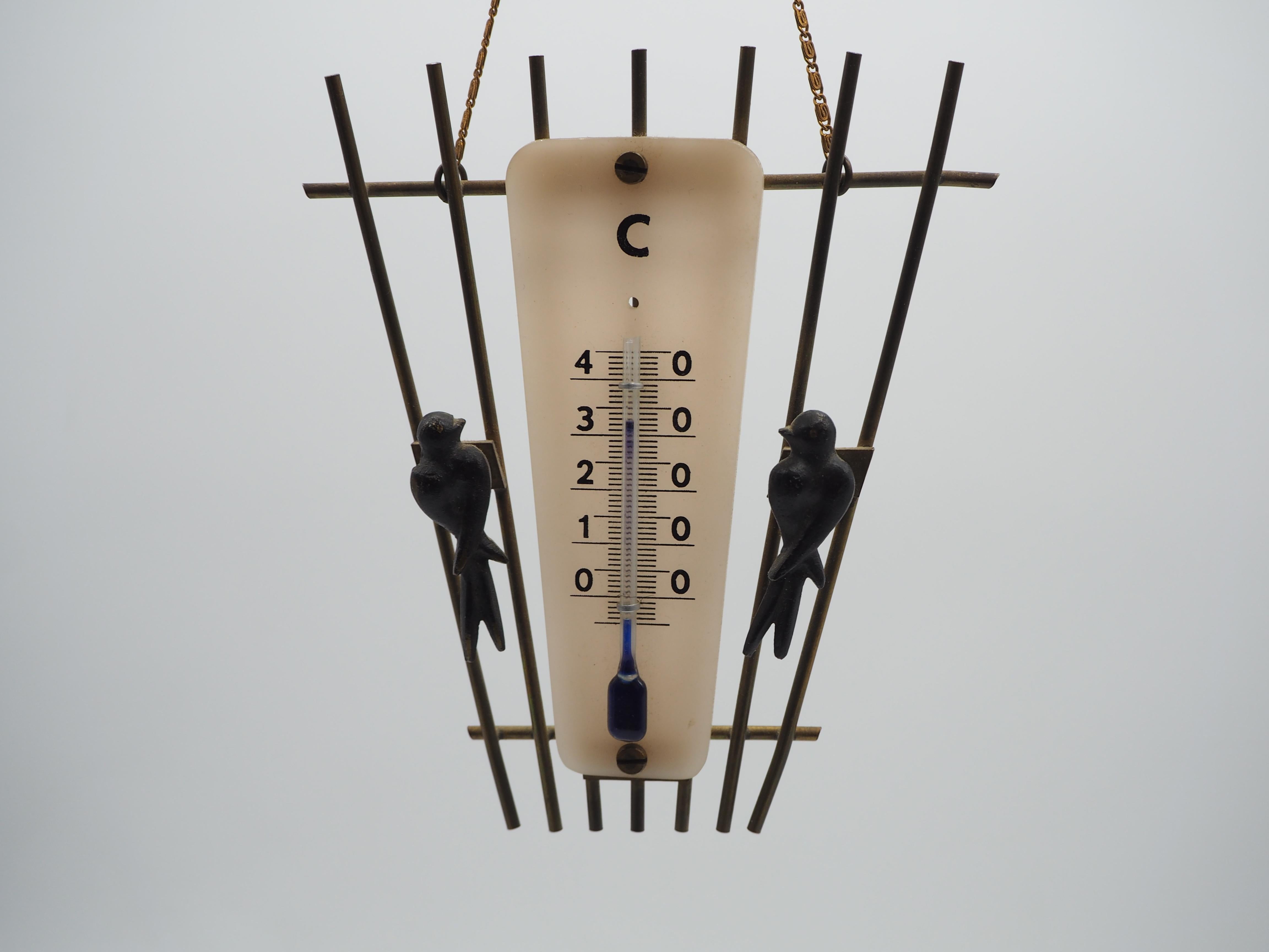 Thermometer mit Vögeln, Holz und Messing, Walter Bosse/Hertha Baller Wien (Österreichisch) im Angebot