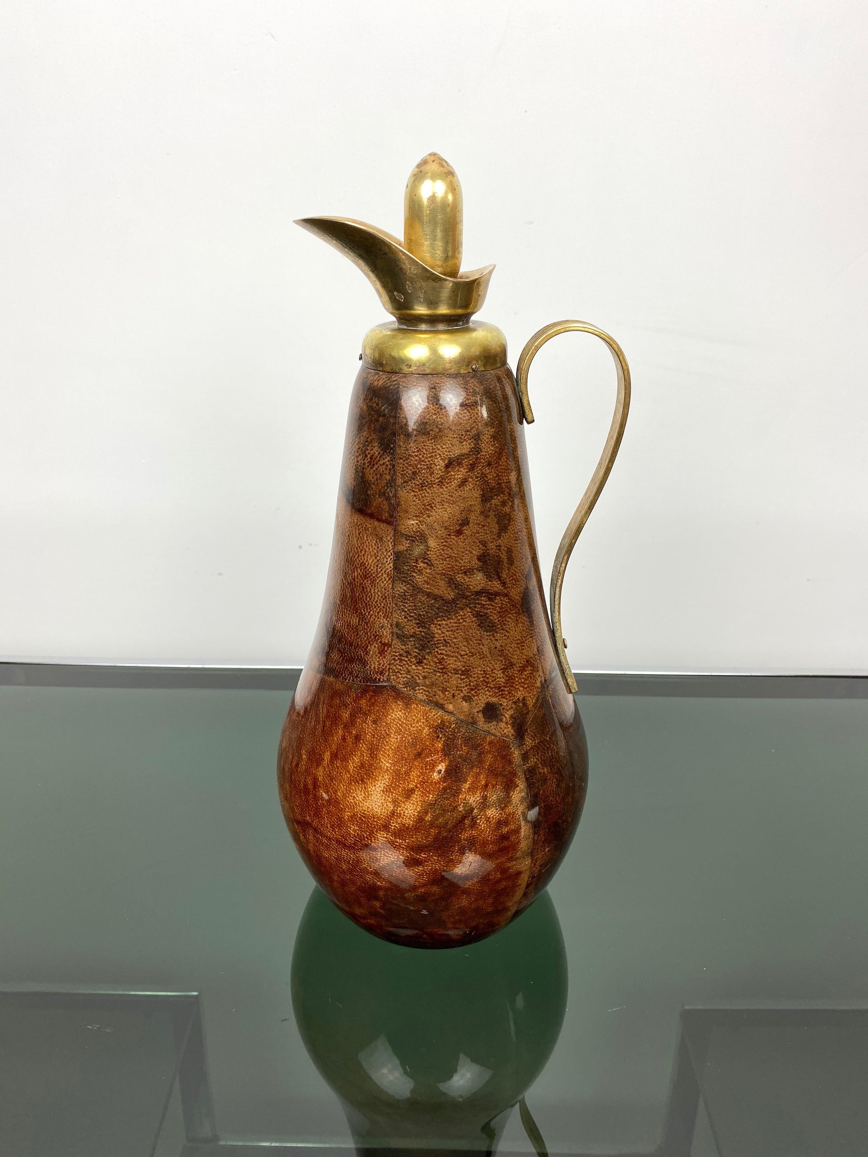 Mid-Century Modern Thermos Caraffe Pitcher in Goatskin and Brass by Aldo Tura, 1960s, Italy For Sale