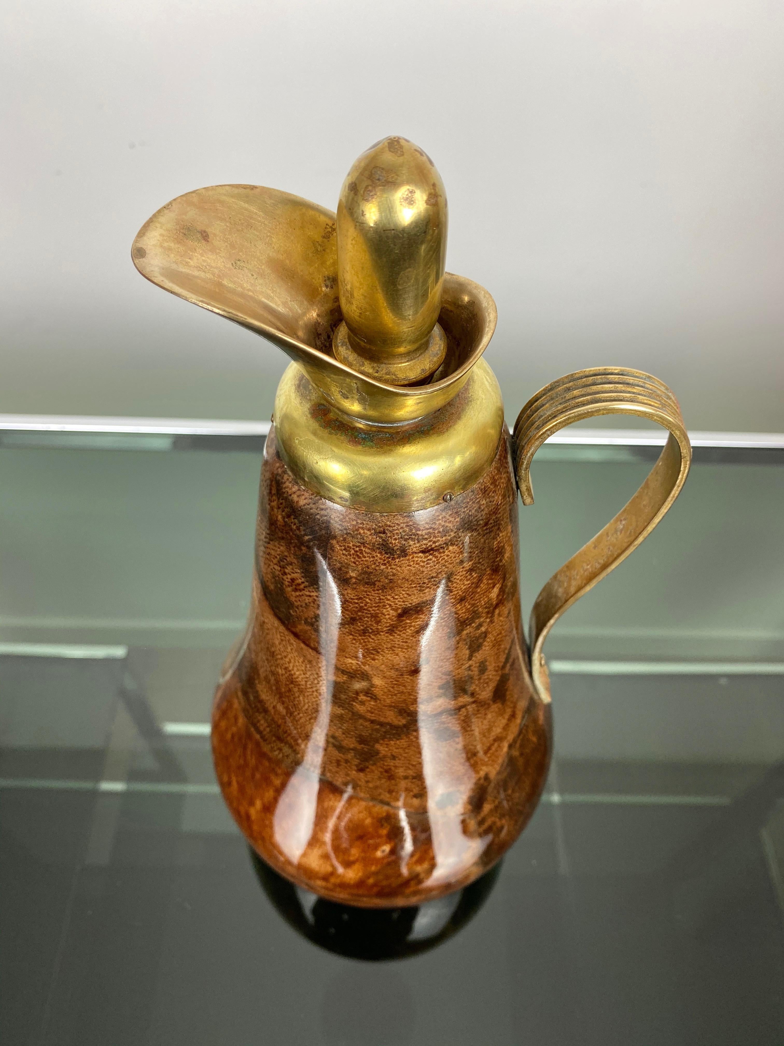 Mid-20th Century Thermos Caraffe Pitcher in Goatskin and Brass by Aldo Tura, 1960s, Italy For Sale