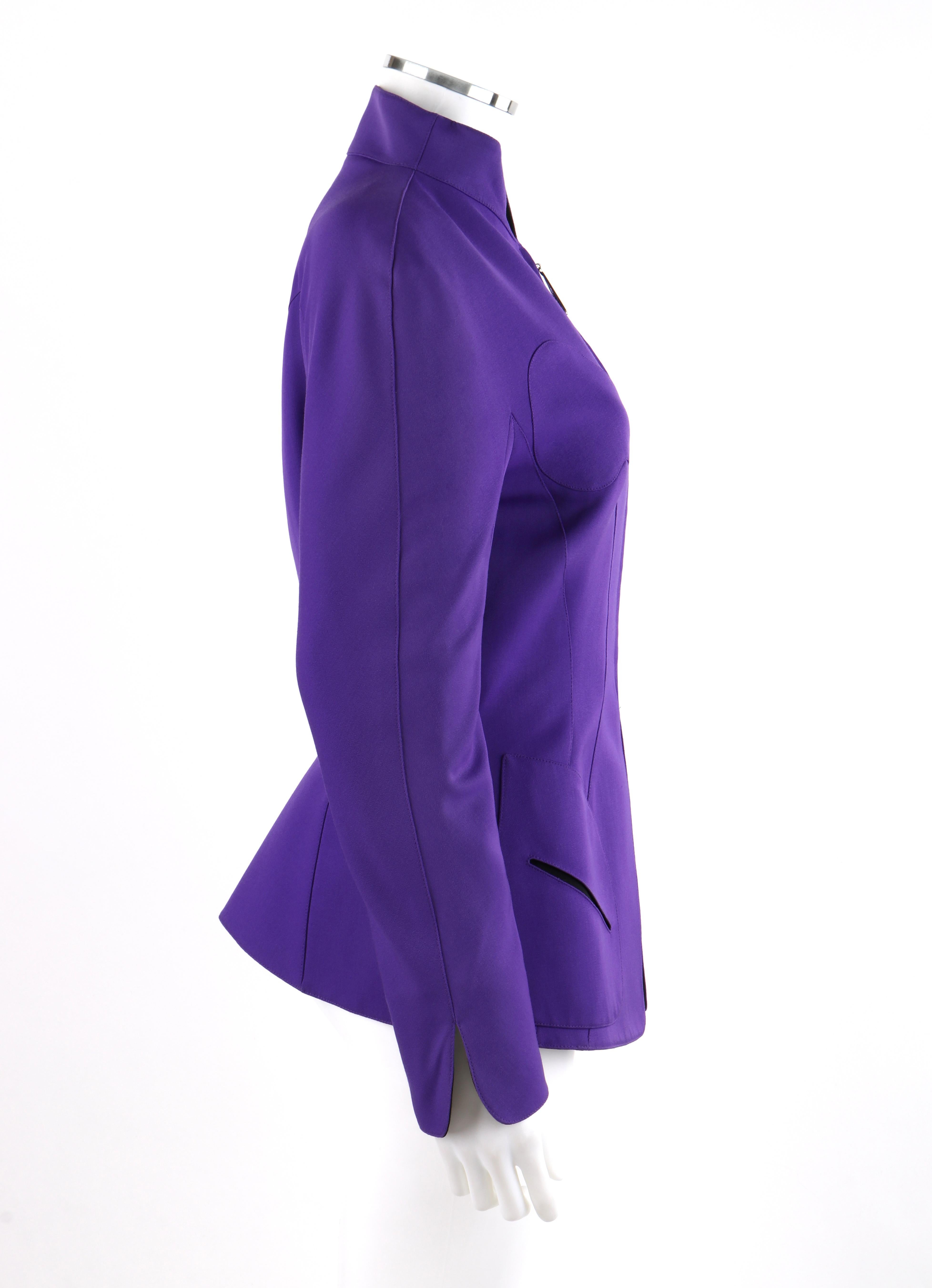 THERRY MUGLER c.1980’s Purple “Evil Eye” Structured Zip Up Peplum Blazer Jacket In Good Condition In Thiensville, WI