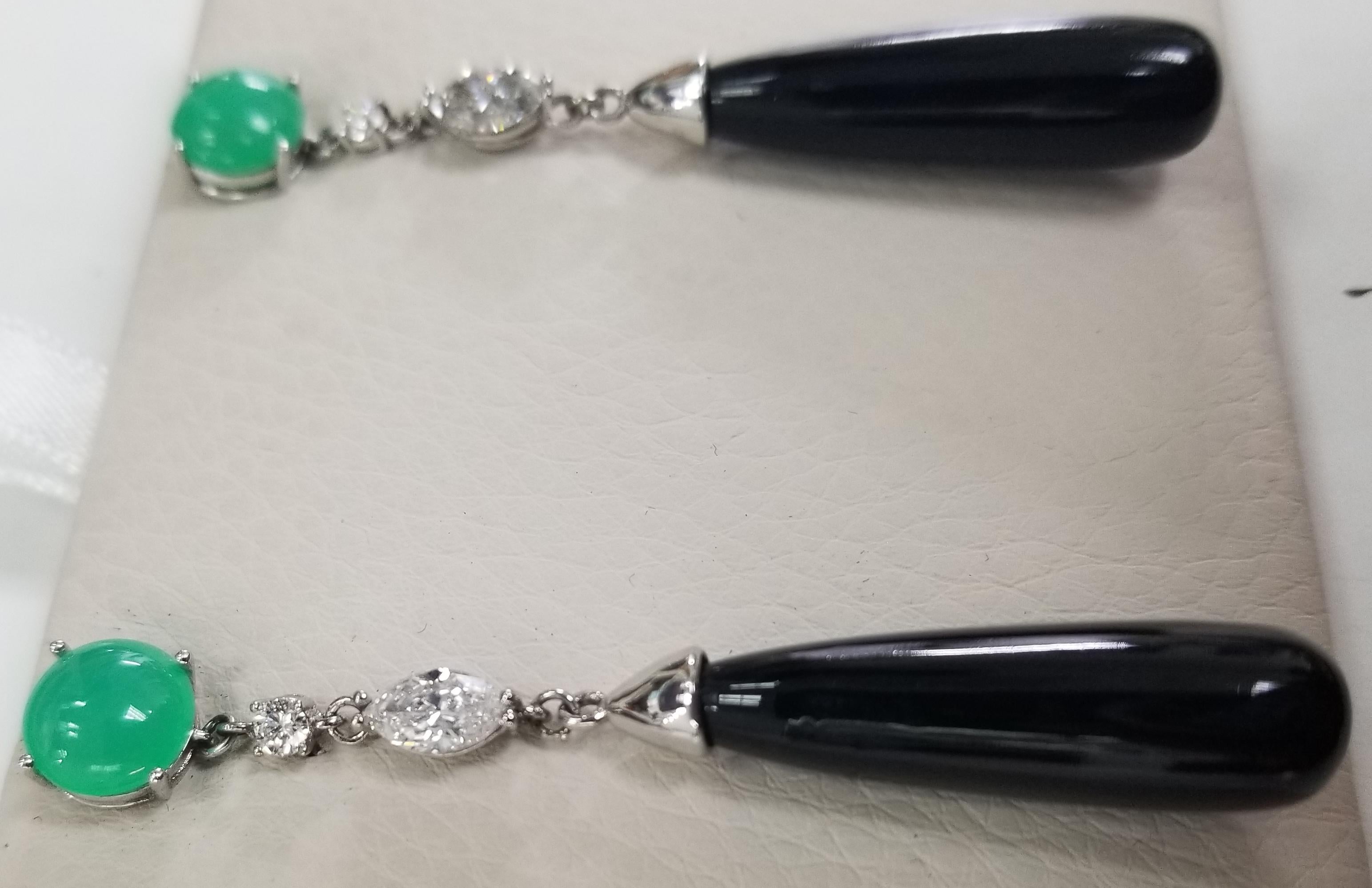 Art Deco These Deco Inspired Chrysoprase, Diamond and Black Jade Long Dangle Earrings For Sale