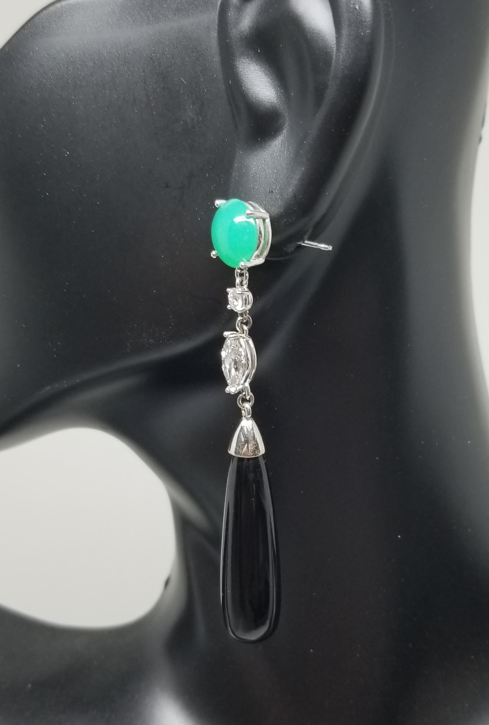 Women's These Deco Inspired Chrysoprase, Diamond and Black Jade Long Dangle Earrings For Sale