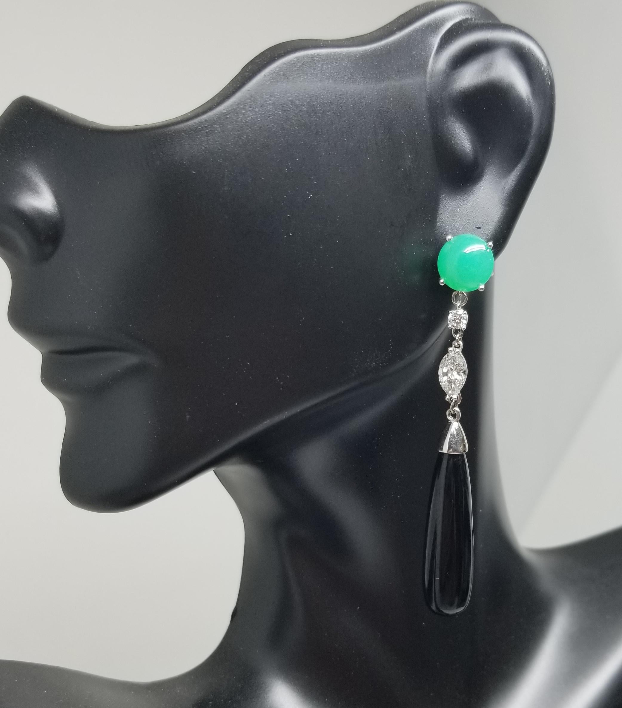 These Deco Inspired Chrysoprase, Diamond and Black Jade Long Dangle Earrings For Sale 1