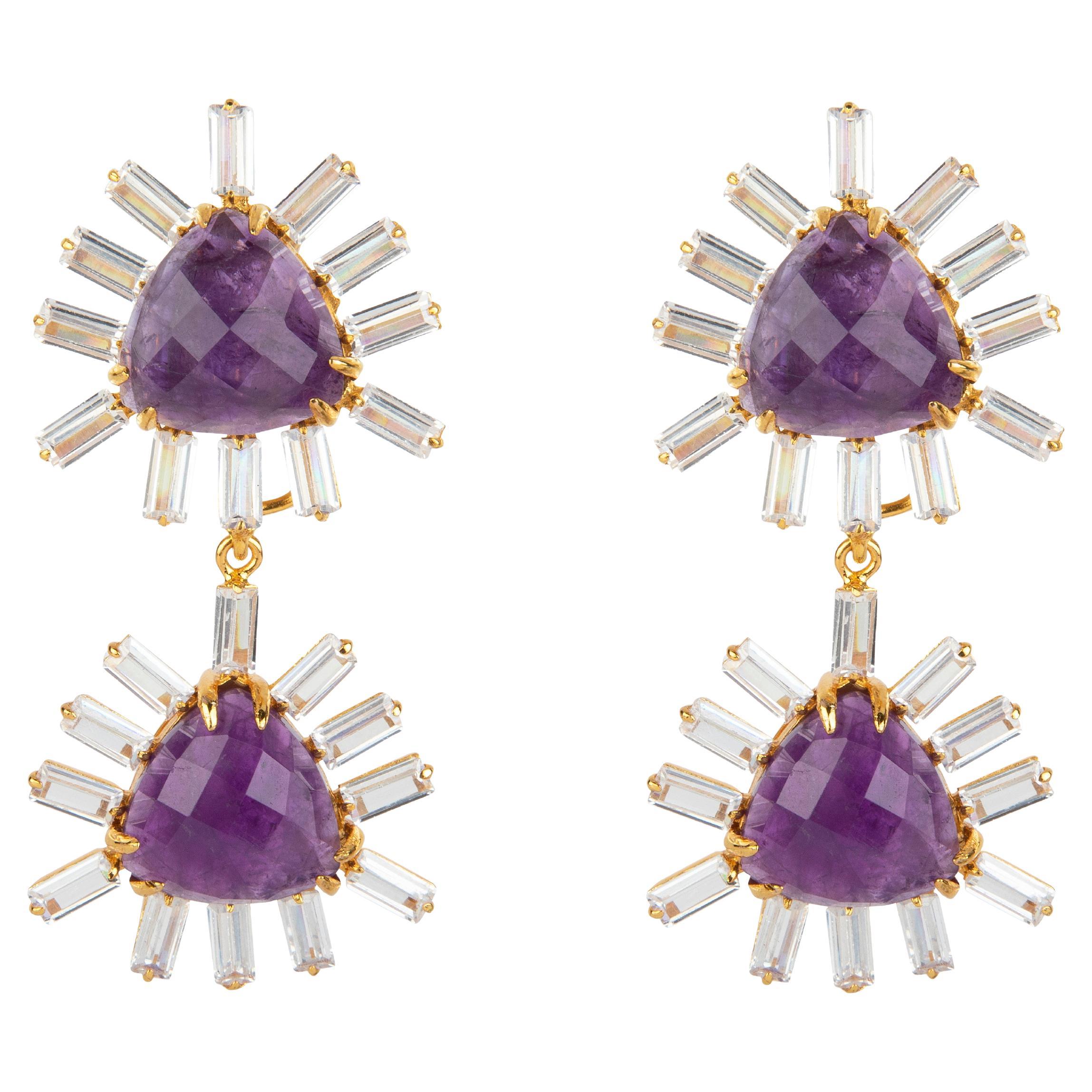 These statement earrings feature faceted triangle-shaped semi-precious stones an For Sale