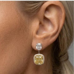 14.08ct Yellow Diamond Cushion Cut 14K Gold Halo Earrings