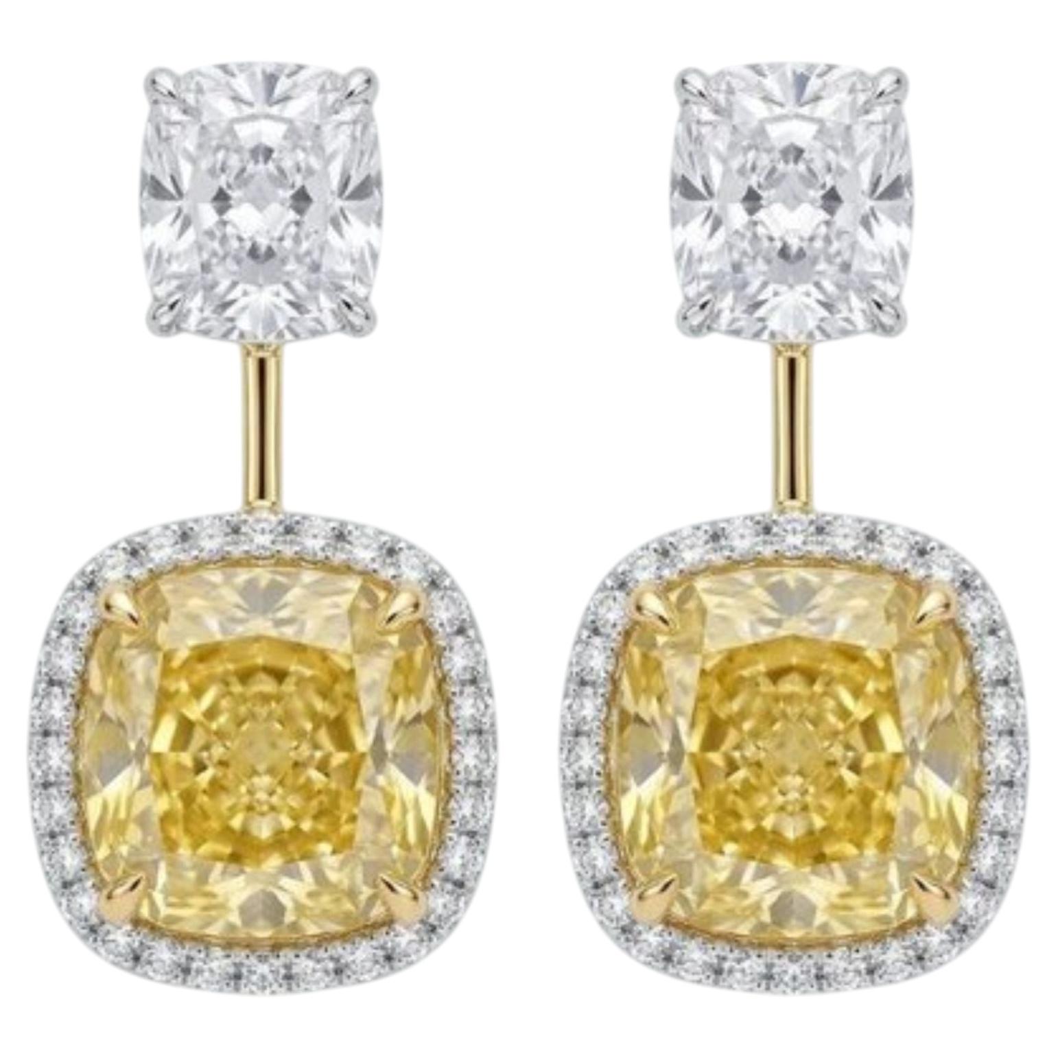 14.08ct Yellow Diamond Cushion Cut 14K Gold Halo Earrings For Sale