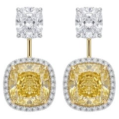 14.08ct Yellow Diamond Cushion Cut 14K Gold Halo Earrings