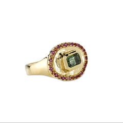 Theseus Ring with Green Sapphire and Ruby, 18 Karat Yellow Gold