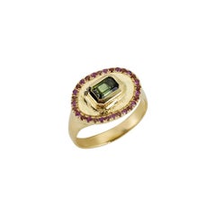 Theseus Ring with Green Sapphire and Ruby, 18 Karat Yellow Gold