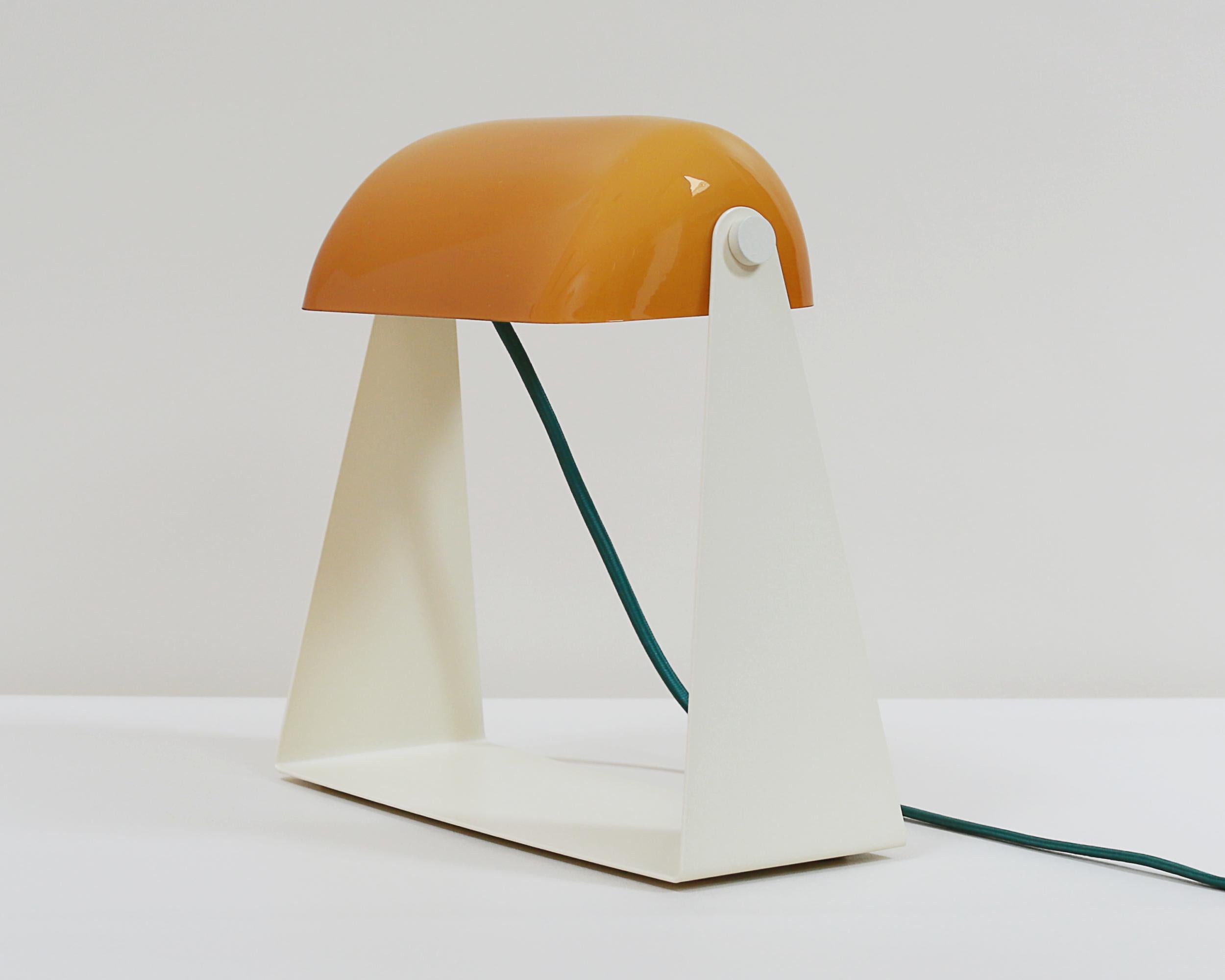 American Thew Table Lamp in off White Powder Coat with Ochre Glass Shade by Artig