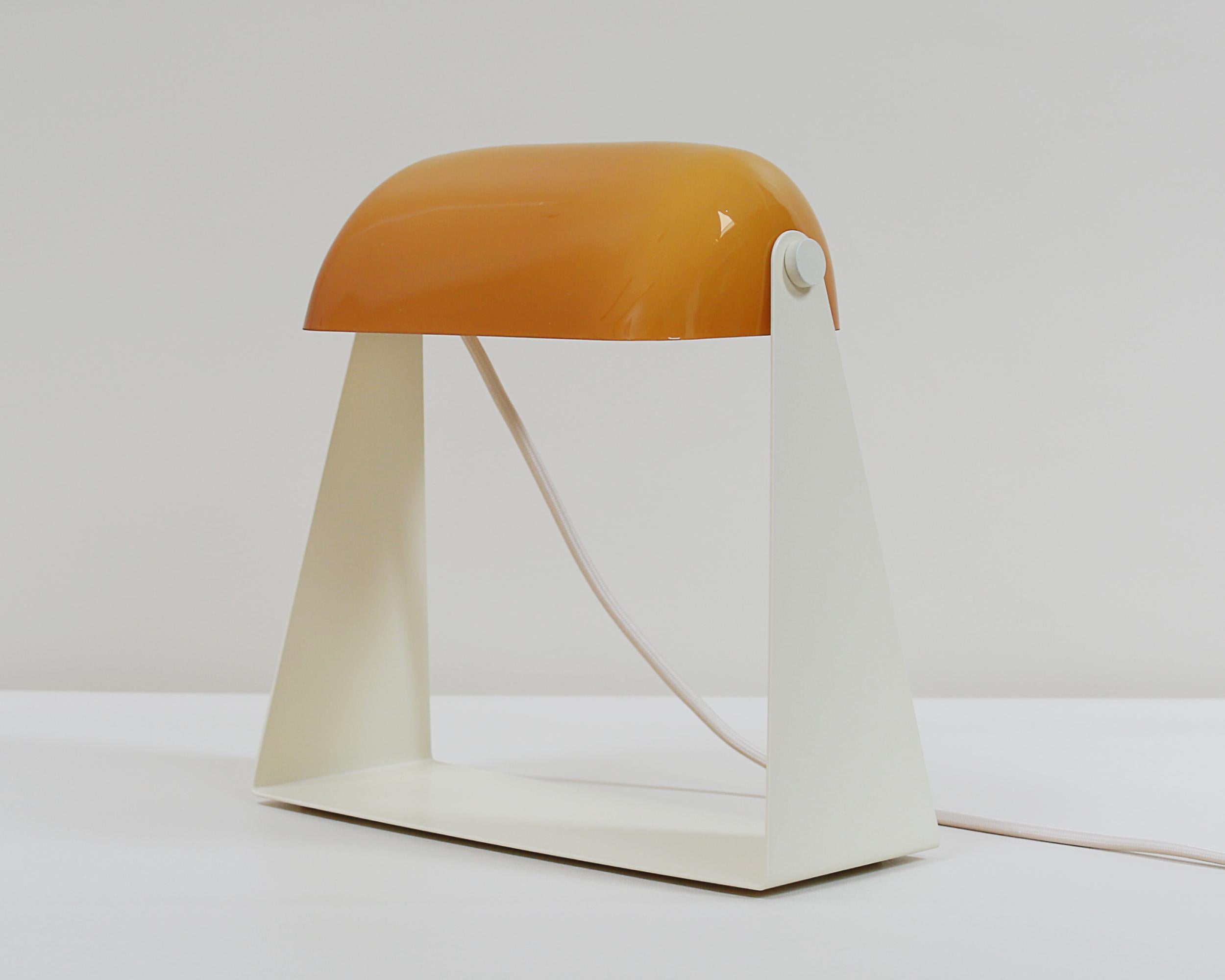 Powder-Coated Thew Table Lamp in off White Powder Coat with Ochre Glass Shade by Artig