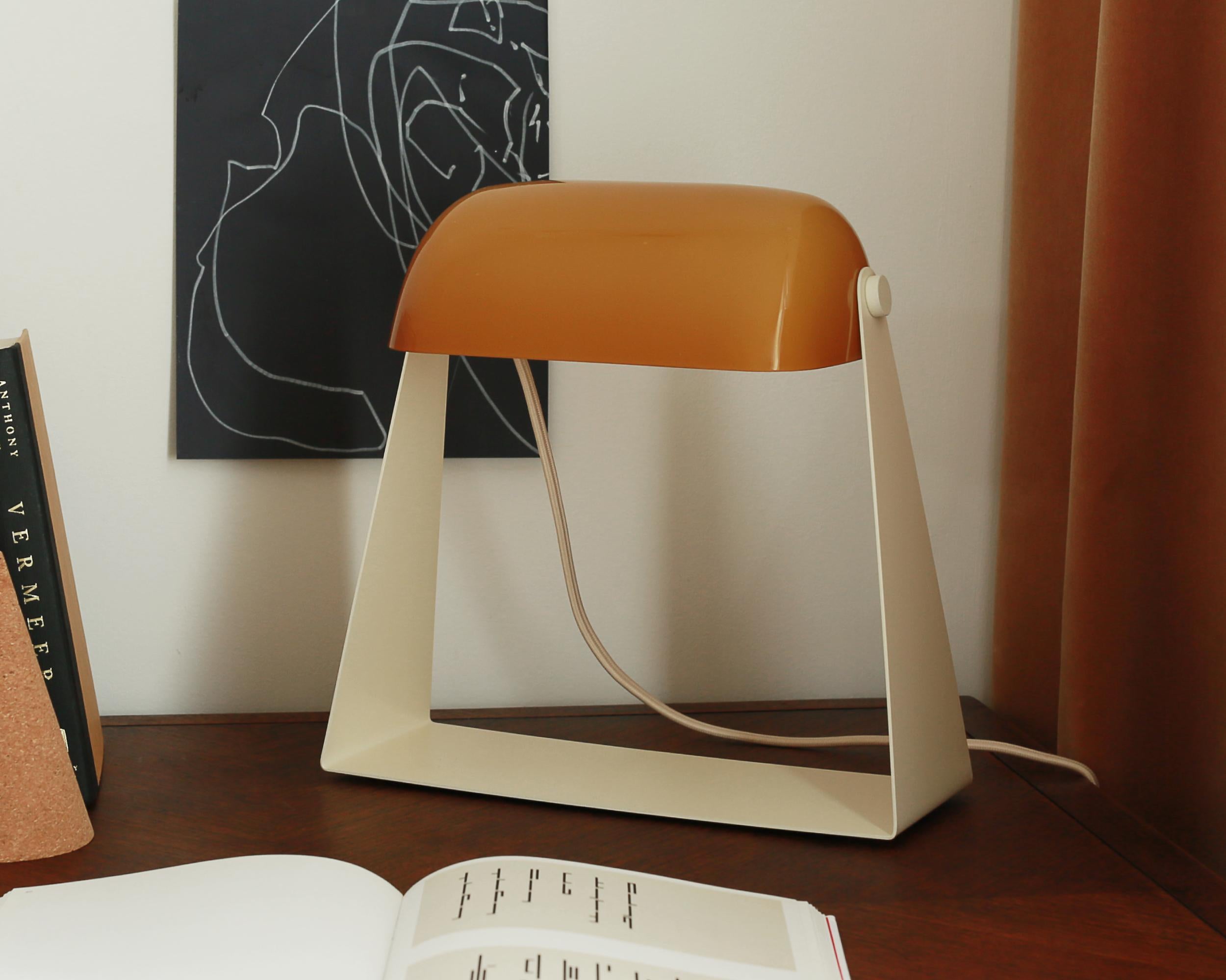 Contemporary Thew Table Lamp in off White Powder Coat with Ochre Glass Shade by Artig
