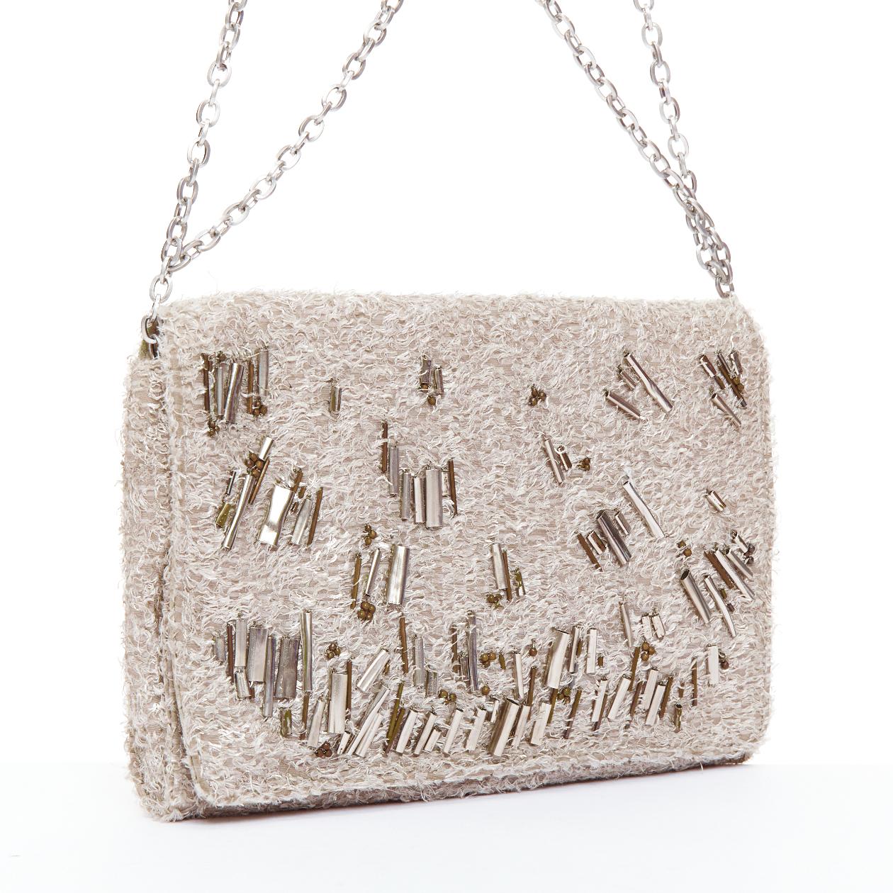Silver THEYSKENS THEORY grey silver embellished lurex appique fold clutch For Sale