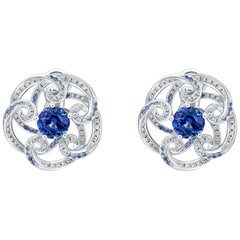 THIALH 18 Karat White Gold 2.2 Carat Blue Sapphire and Diamonds Regal Earrings