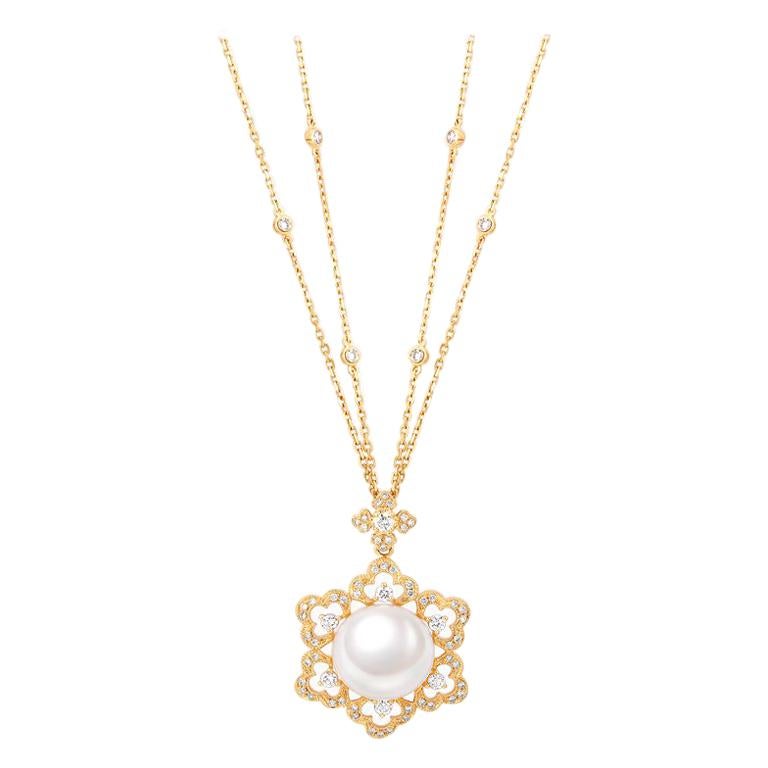THIALH Diamond Marine South Sea Pearl 18 Karat Yellow Gold Pendant Necklace For Sale