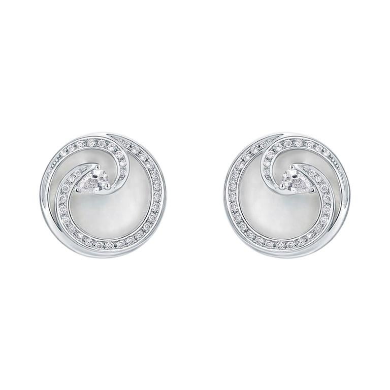 THIALH Mother of Pearl and White Sapphire Earrings 18 Karat White Gold For Sale