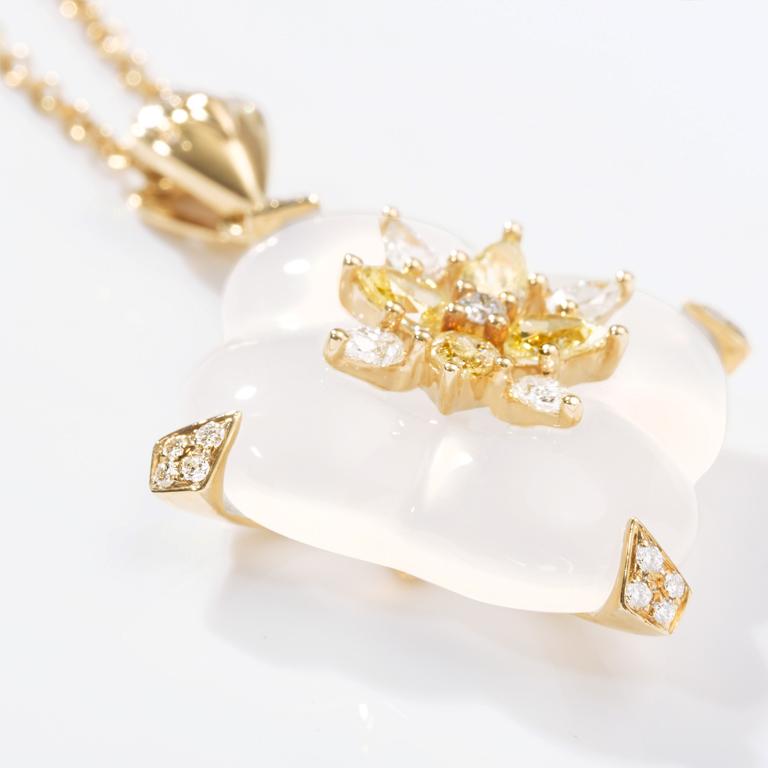 Pear Cut THIALH Pear Diamond White Chalcedony 18 Karat Yellow Gold Pendant Necklace For Sale