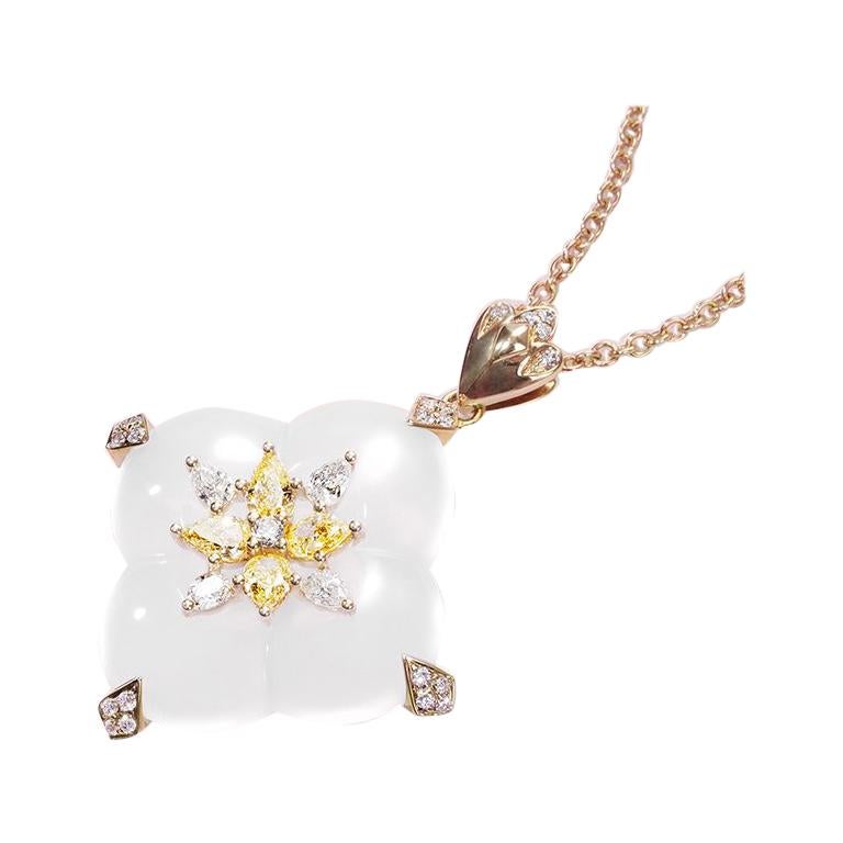 THIALH Pear Diamond White Chalcedony 18 Karat Yellow Gold Pendant Necklace For Sale