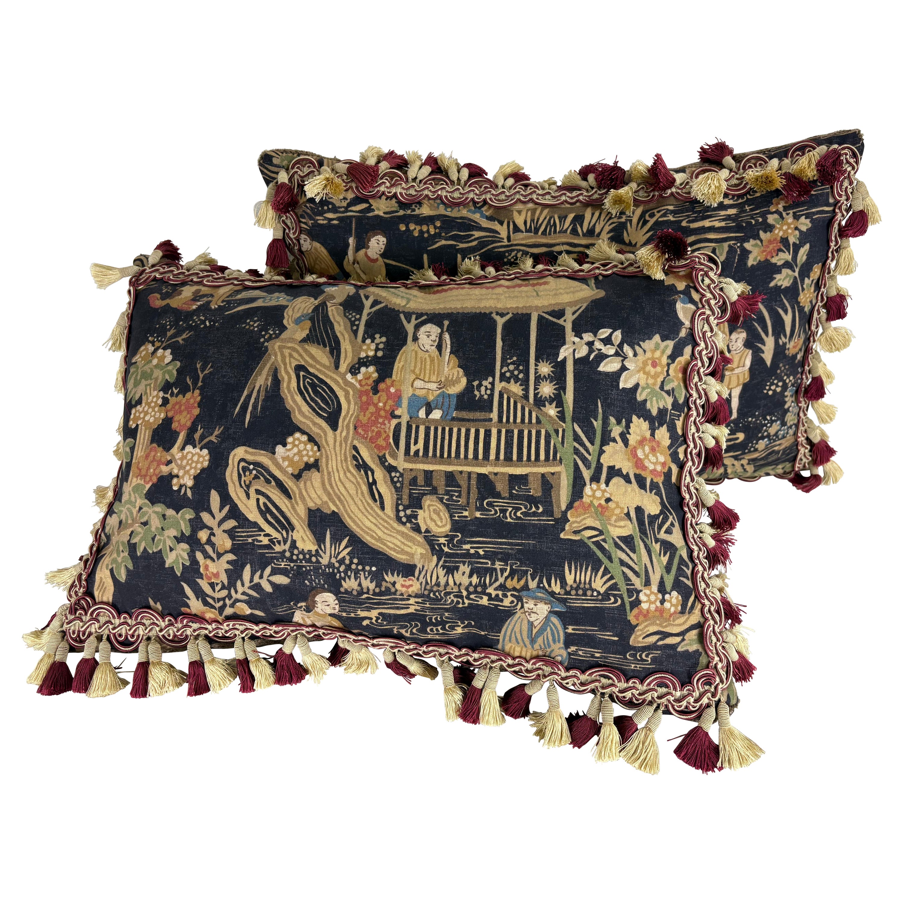 Thibaut chinoiserie cotton print tasseled pillows/ a pair For Sale