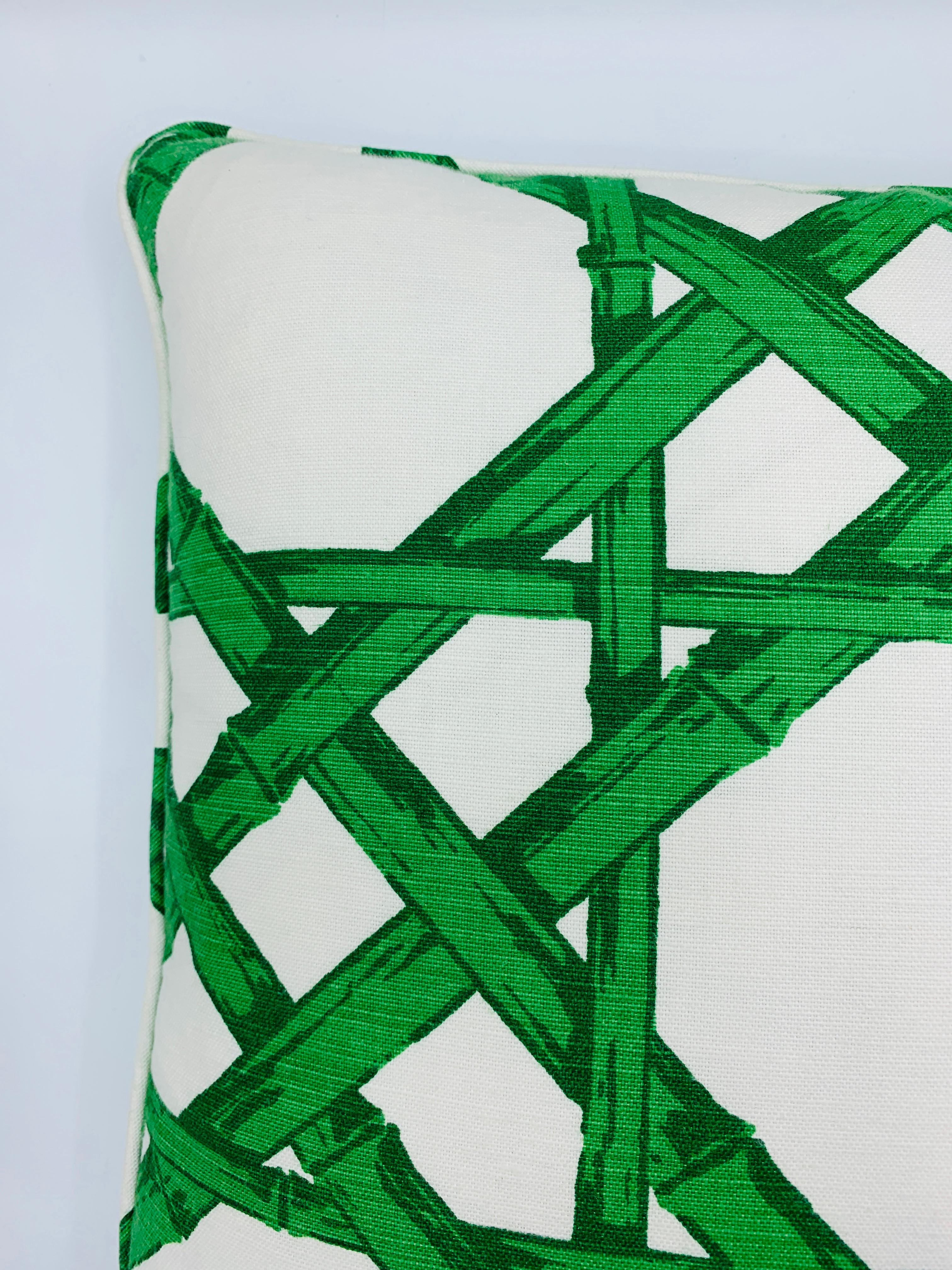 Listed is a fabulous, single custom Thibaut 'Cyrus Cane' pillow in the emerald green and white color way. The faux-bamboo lattice print is beautiful in Linen/cotton blend. Self-welt with zipper closure. Down insert included. 

   