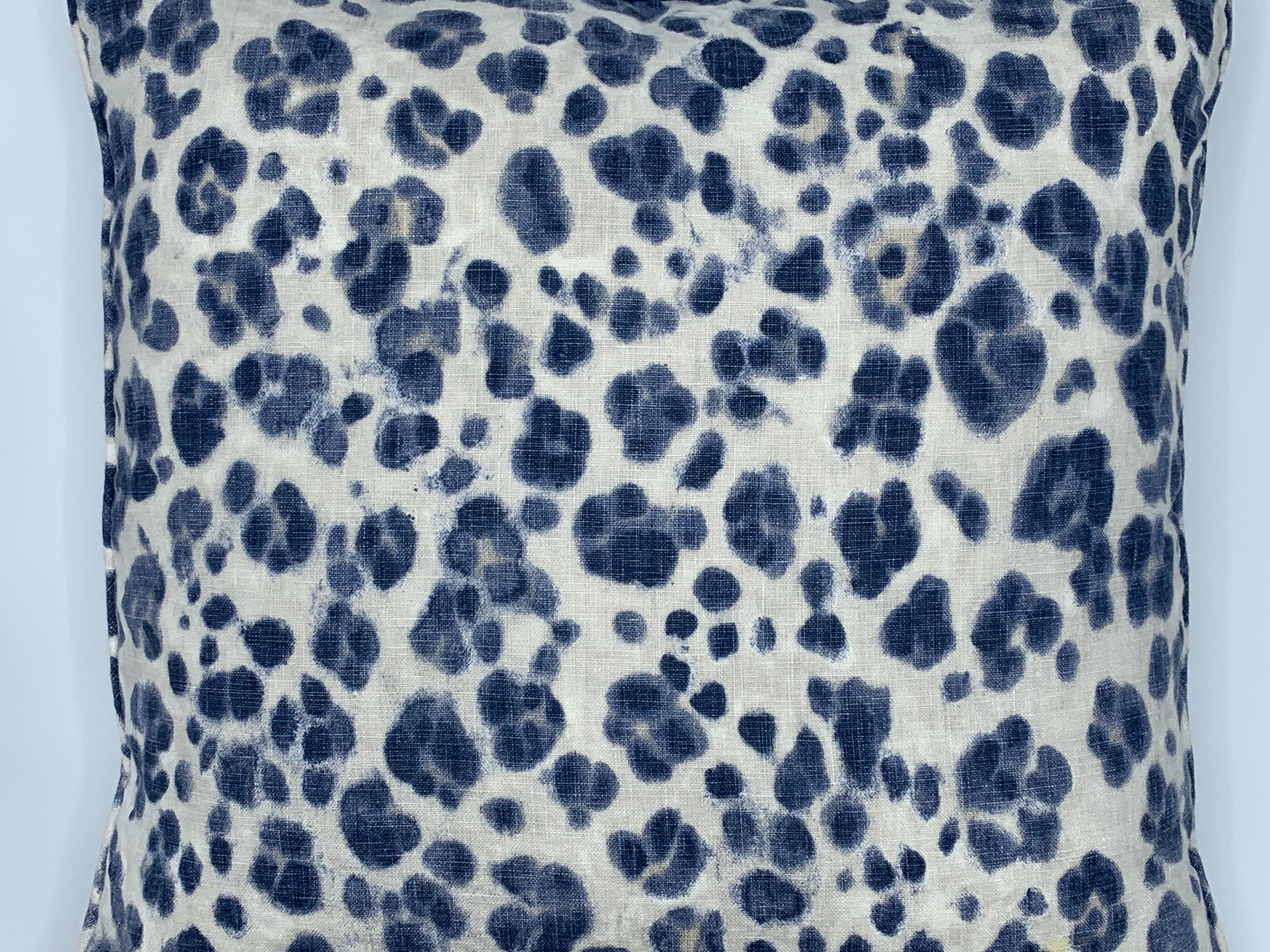 Modern Thibaut 'Panthera' Blue and White Panther Motif on Linen Pillows, Pair