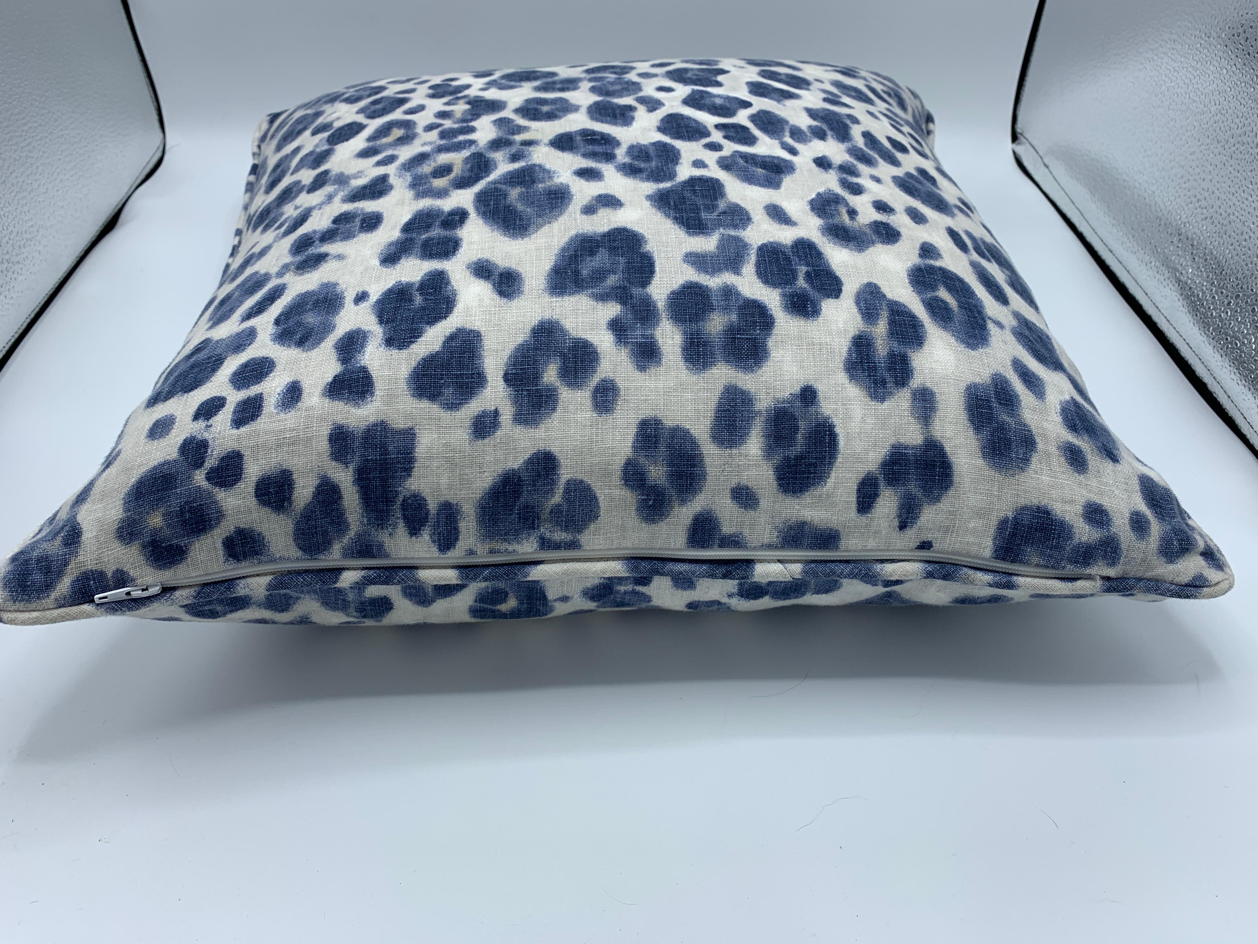 Contemporary Thibaut 'Panthera' Blue and White Panther Motif on Linen Pillows, Pair