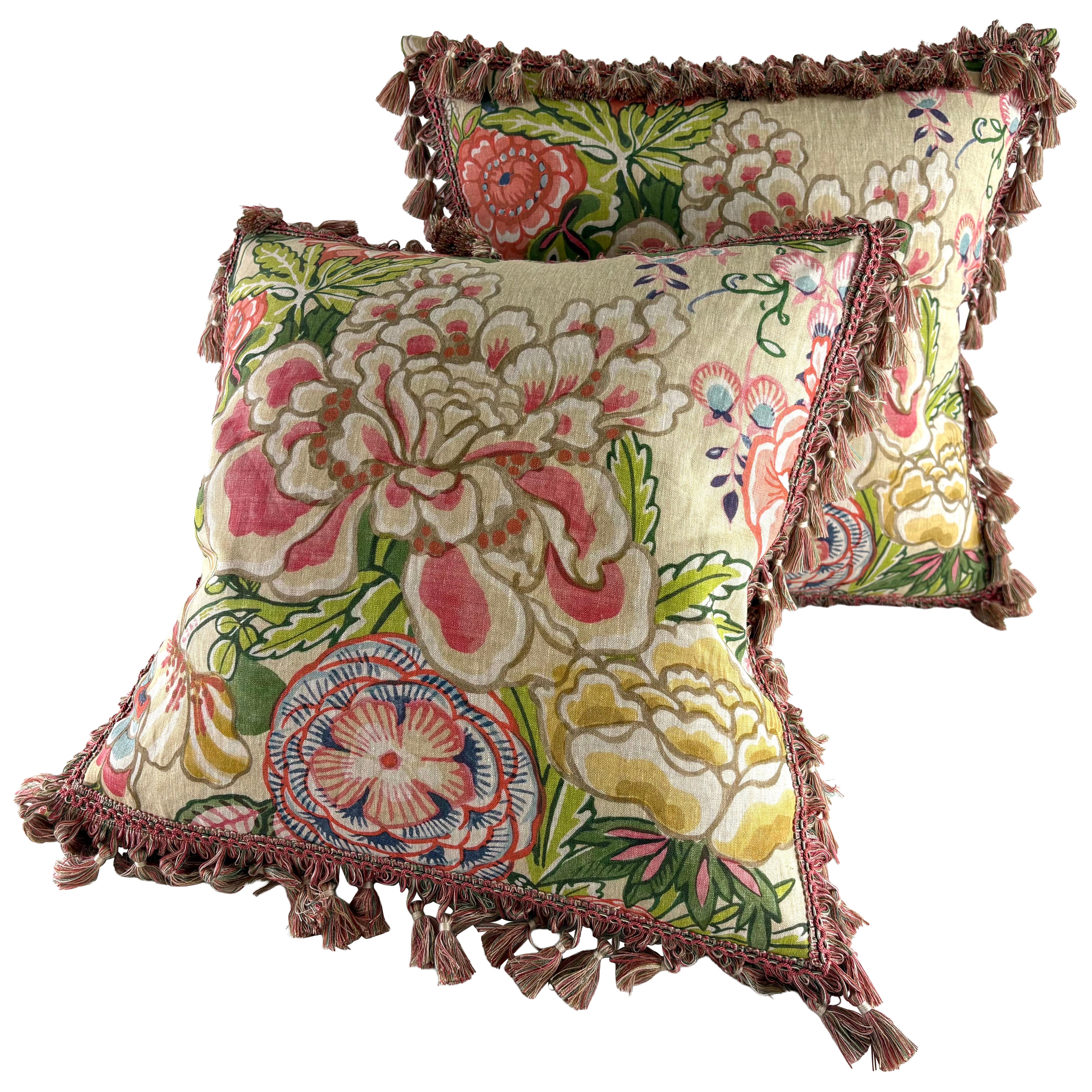 Cuscini in lino Thibaut con nappe e giardino di peonie stampati a mano, una coppia