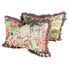 Thibaut peony garden hand printed tasseled linen pillows/a pair