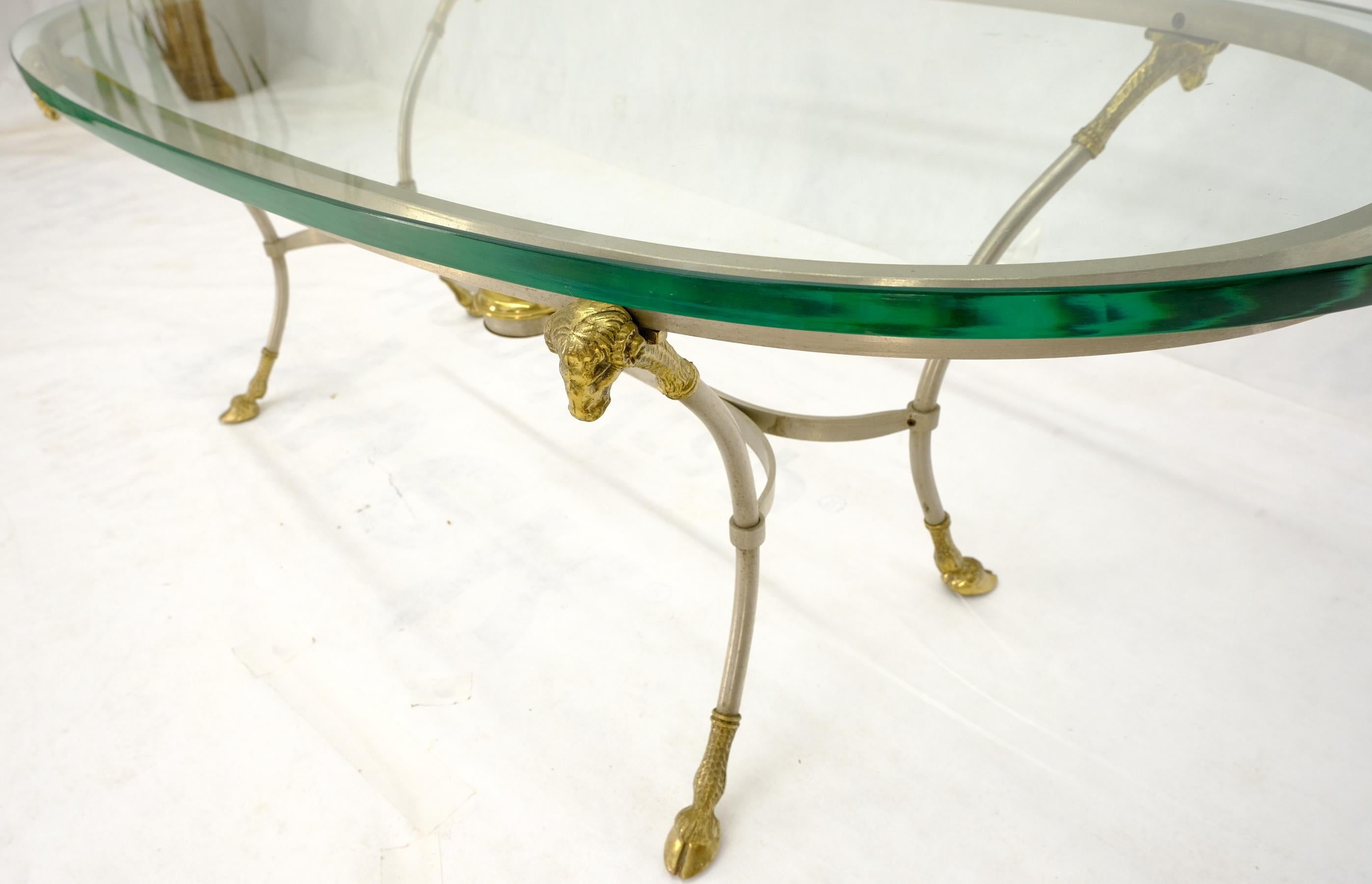 Oval Glass Top Brass & Chrome Hoof Feet Coffee Table Jansen Style For Sale 4