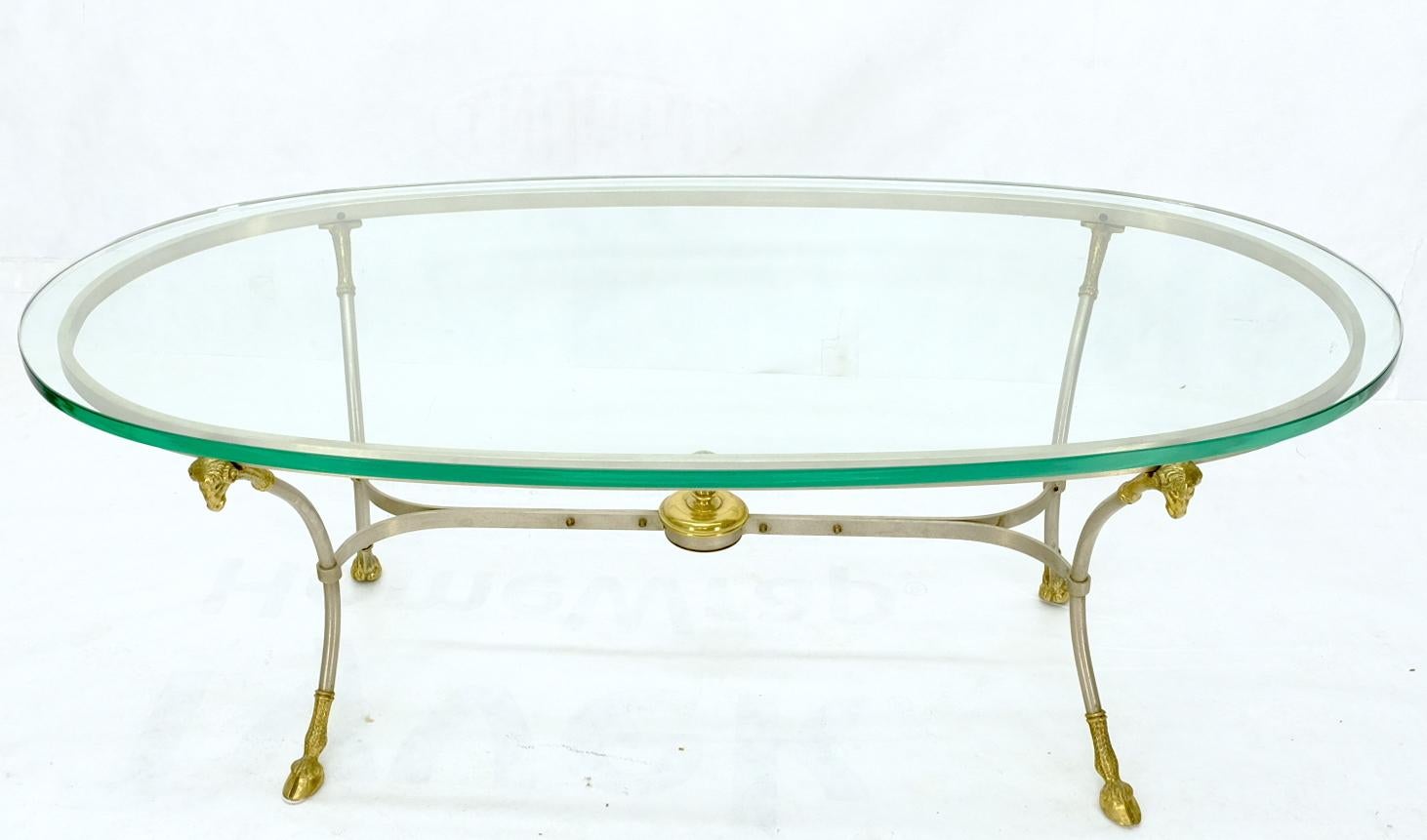 Mid-Century Modern Oval Glass Top Brass & Chrome Hoof Feet Coffee Table Jansen Style For Sale