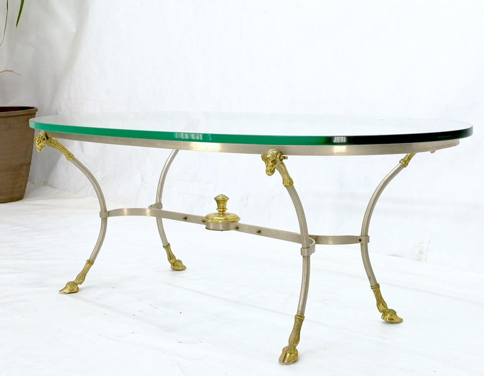 Italian Oval Glass Top Brass & Chrome Hoof Feet Coffee Table Jansen Style For Sale
