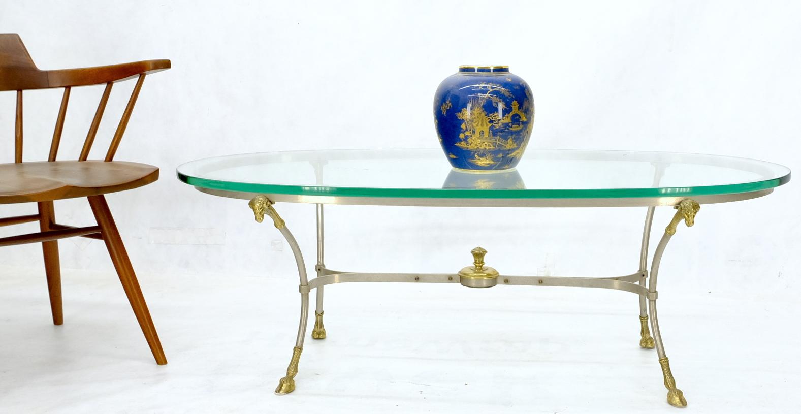 Oval Glass Top Brass & Chrome Hoof Feet Coffee Table Jansen Style In Good Condition For Sale In Rockaway, NJ