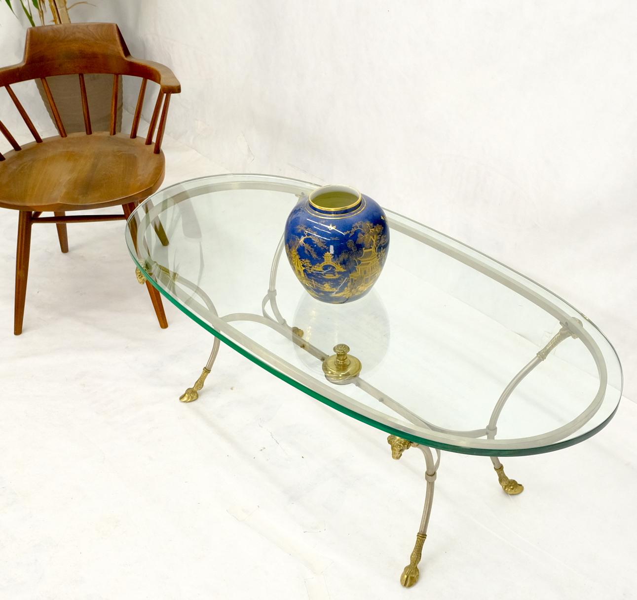 20th Century Oval Glass Top Brass & Chrome Hoof Feet Coffee Table Jansen Style For Sale