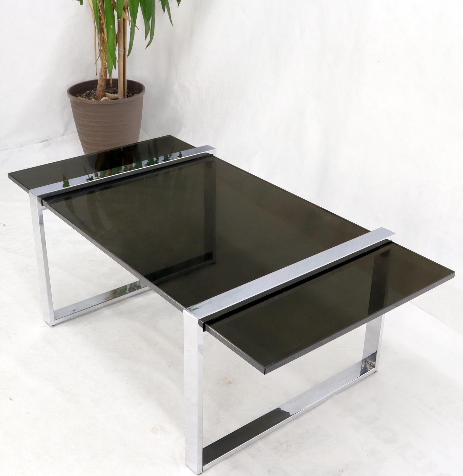 Mid-Century Modern Thick Smoked Glass Top Chrome Base Rectangle Coffee Table For Sale