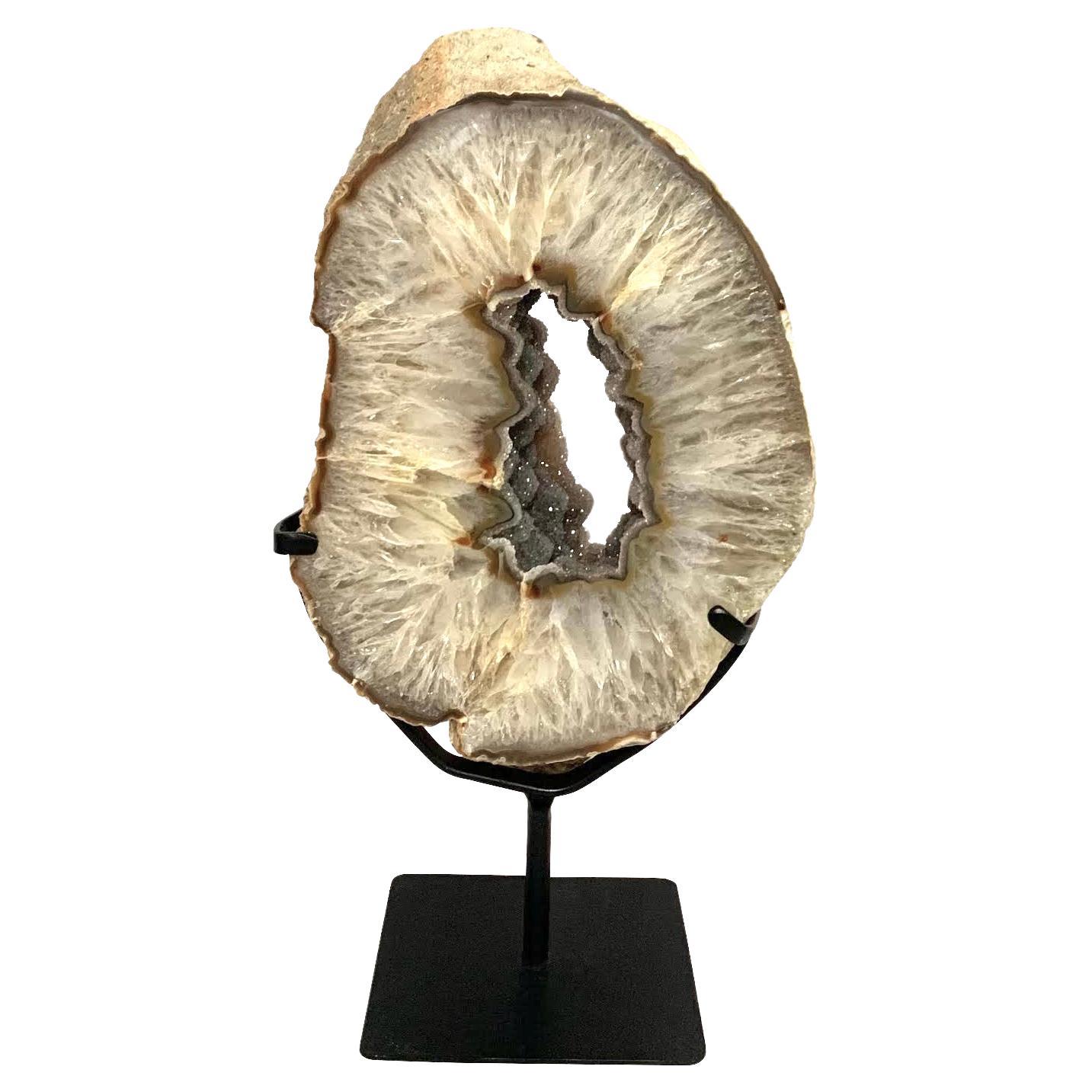 Thick Agate Geode On Stand Sculpture, Brazil, Prehistoric For Sale