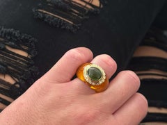 Thick Amber Band Green Tourmaline Center Diamond Halo Ring 14K Yellow Gold