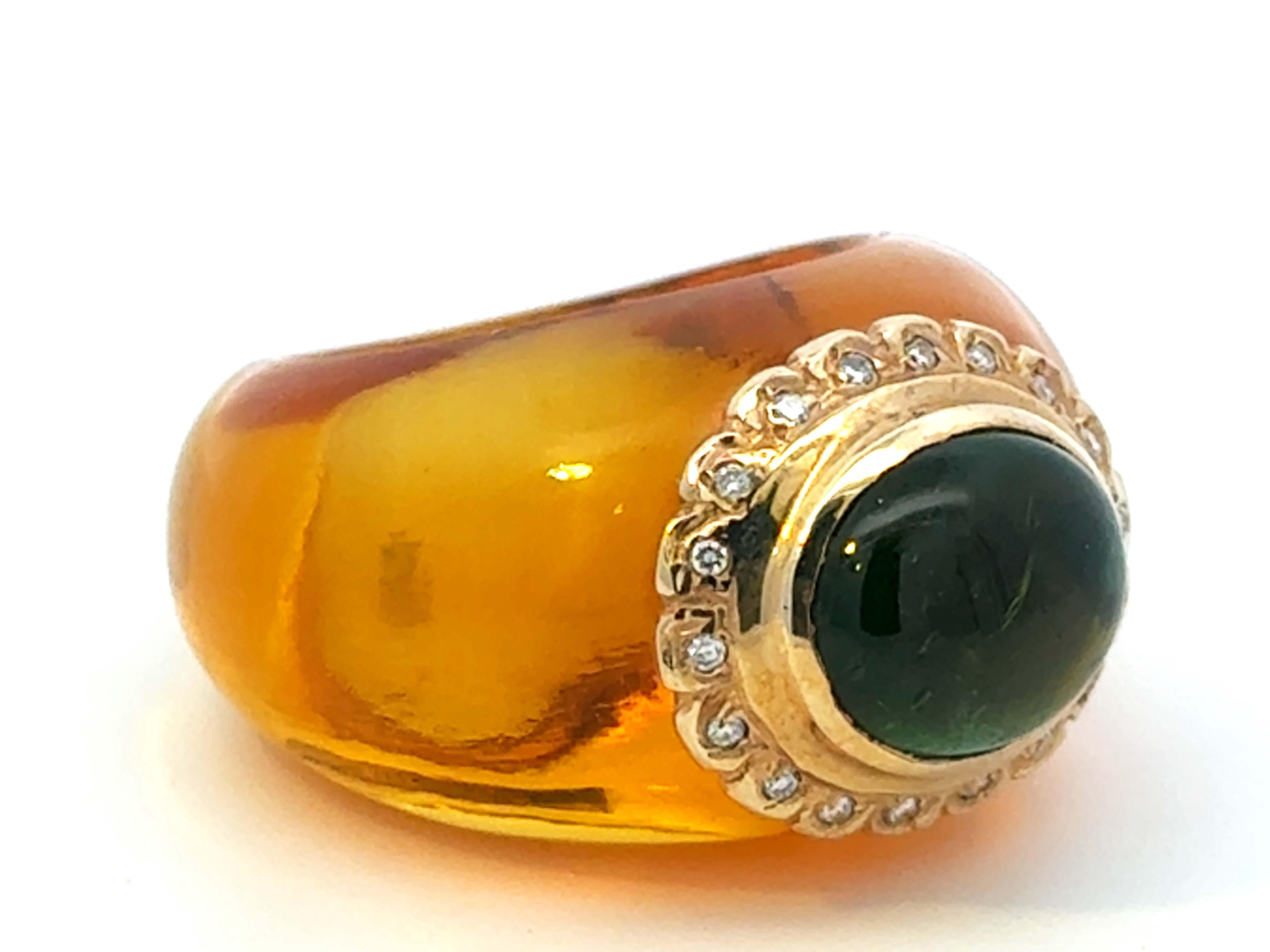 Modern Thick Amber Band Green Tourmaline Center Diamond Halo Ring 14K Yellow Gold For Sale