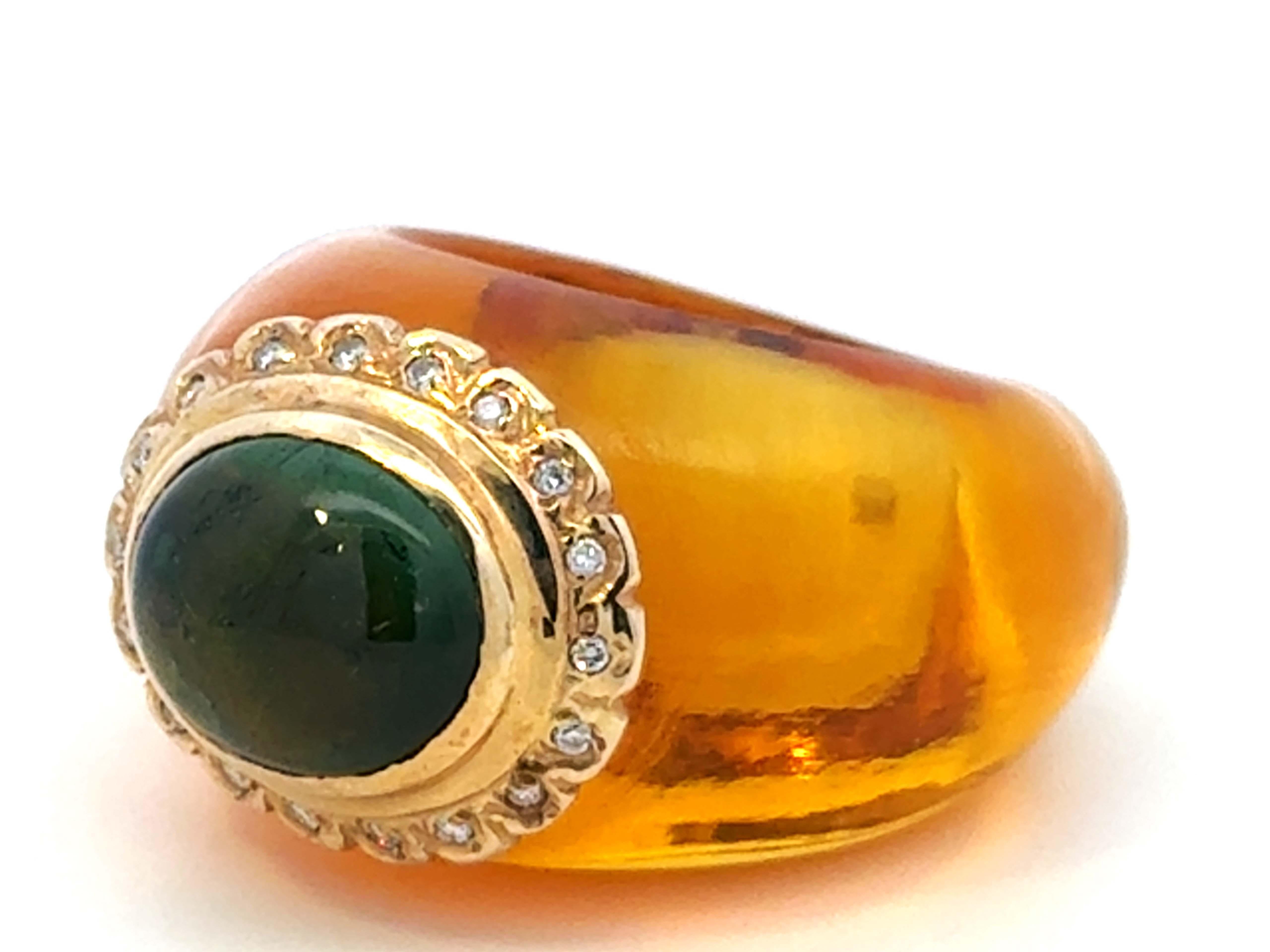 Cabochon Thick Amber Band Green Tourmaline Center Diamond Halo Ring 14K Yellow Gold For Sale