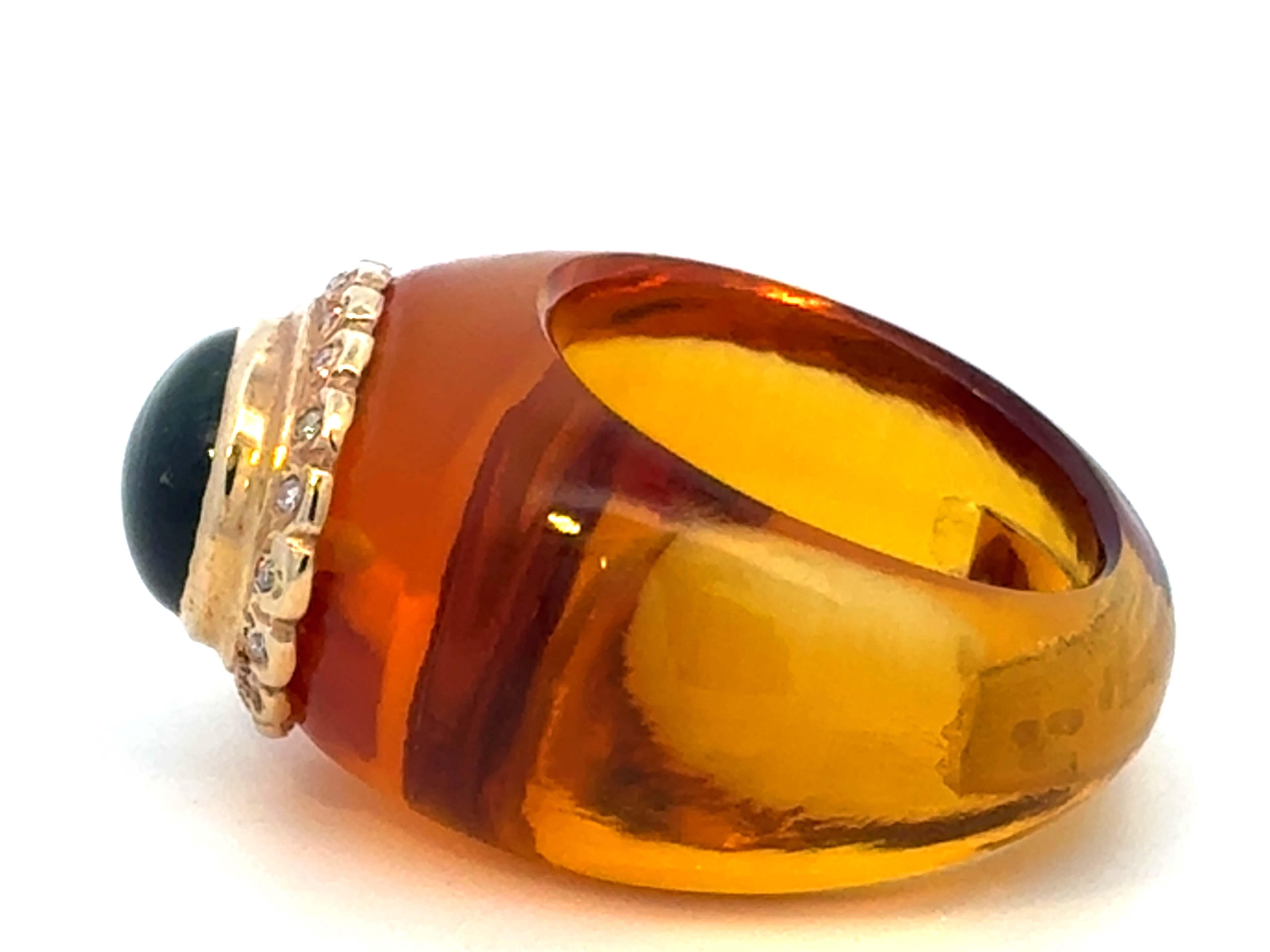 Women's or Men's Thick Amber Band Green Tourmaline Center Diamond Halo Ring 14K Yellow Gold For Sale