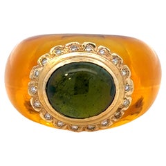 Thick Amber Band Grüner Turmalin Mittelteil Diamant Halo Ring 14K Gelbgold