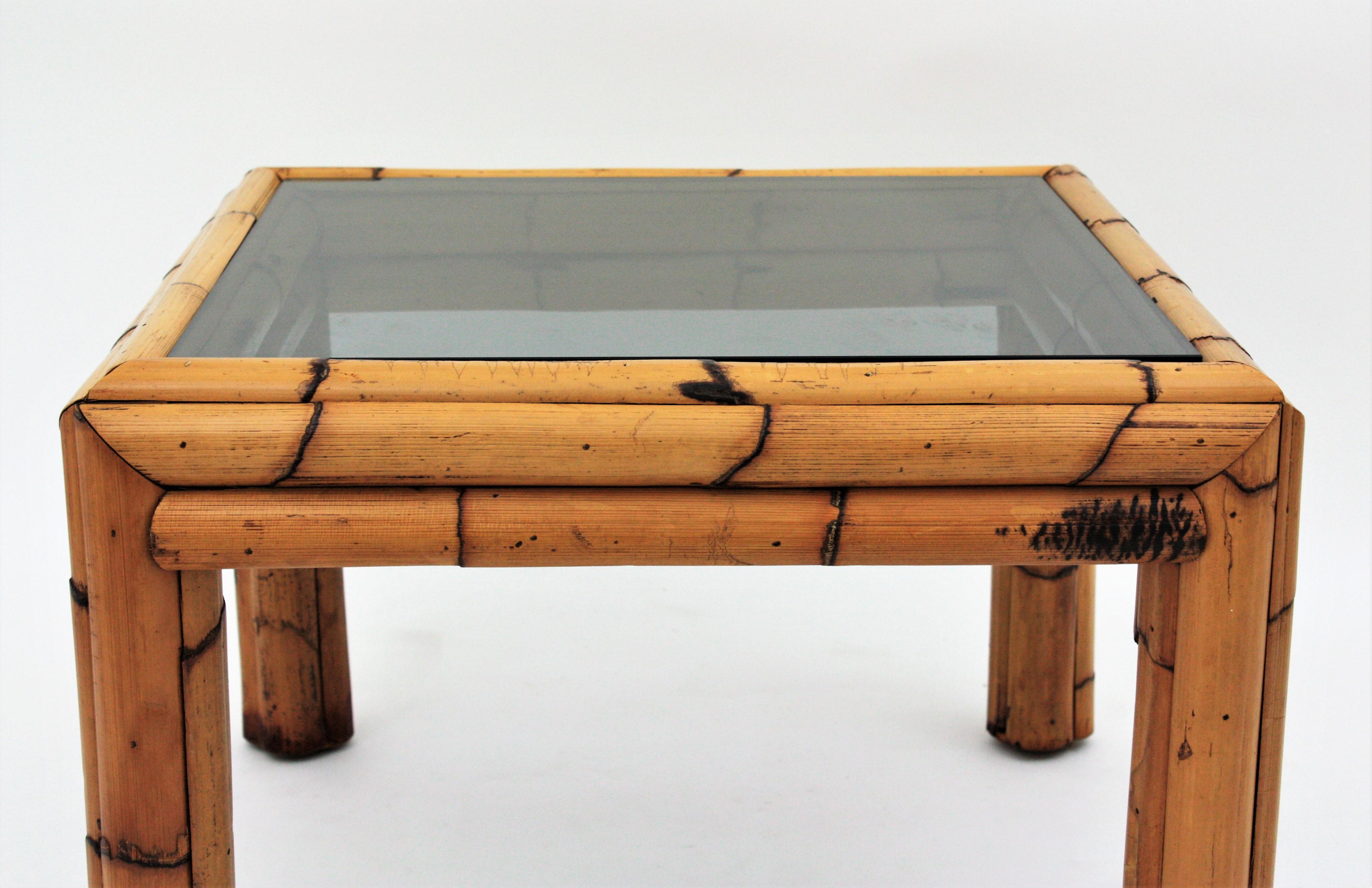 Bamboo Coffee Table with Smoked Glass Top For Sale 3