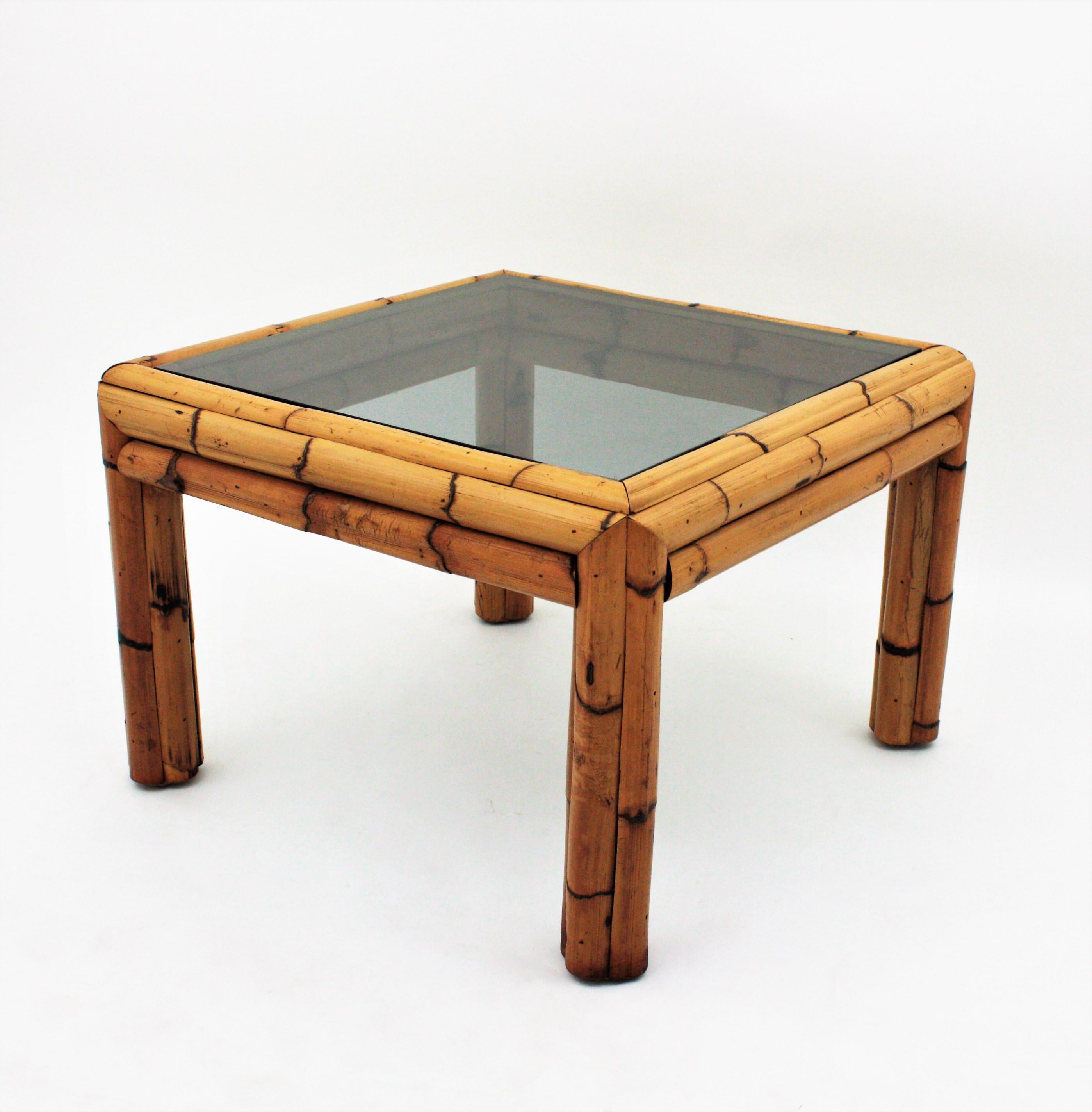 Bamboo Coffee Table with Smoked Glass Top For Sale 4