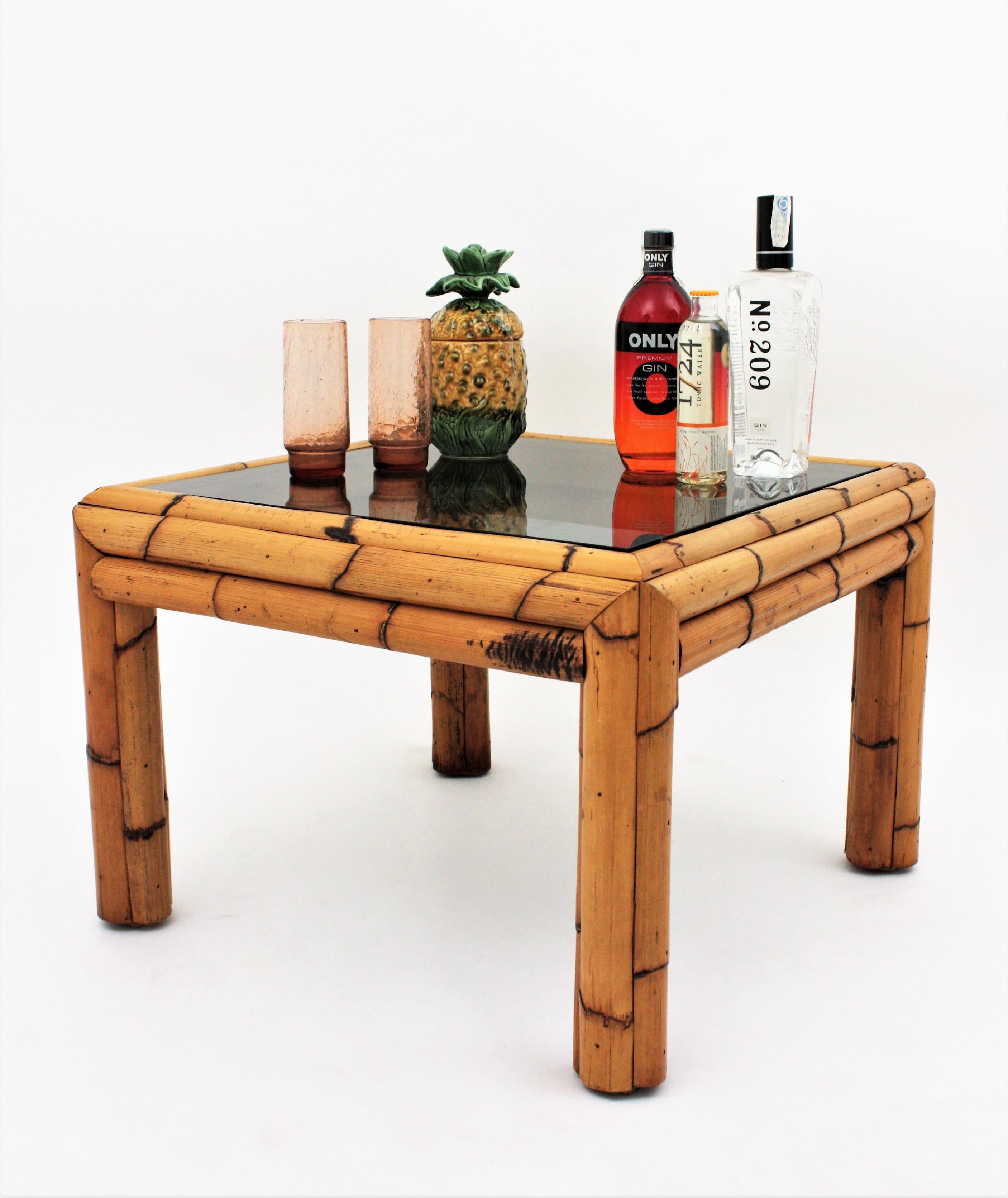 Bamboo Coffee Table with Smoked Glass Top For Sale 6