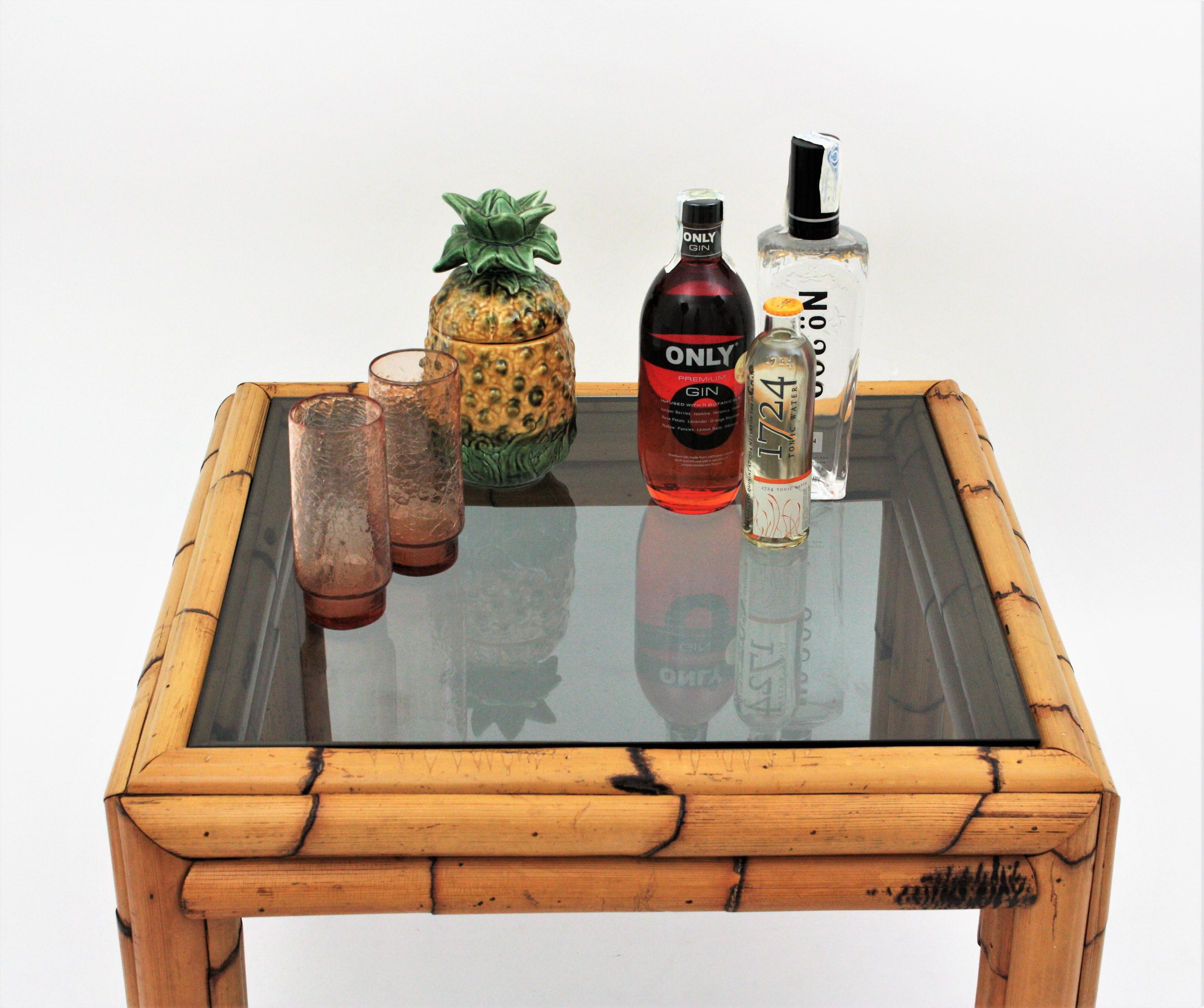 Spanish Bamboo Coffee Table with Smoked Glass Top For Sale