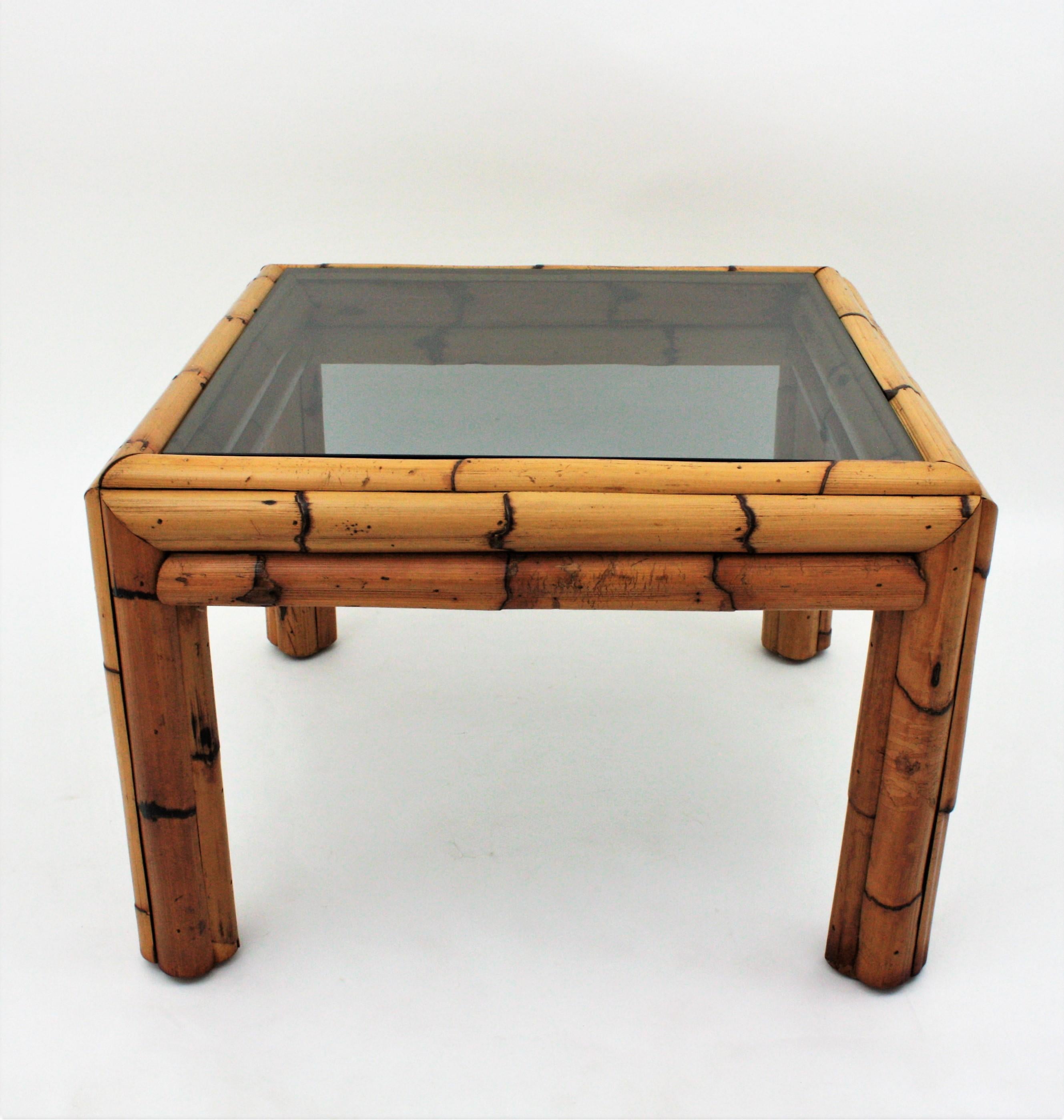 Bamboo Coffee Table with Smoked Glass Top In Good Condition For Sale In Barcelona, ES