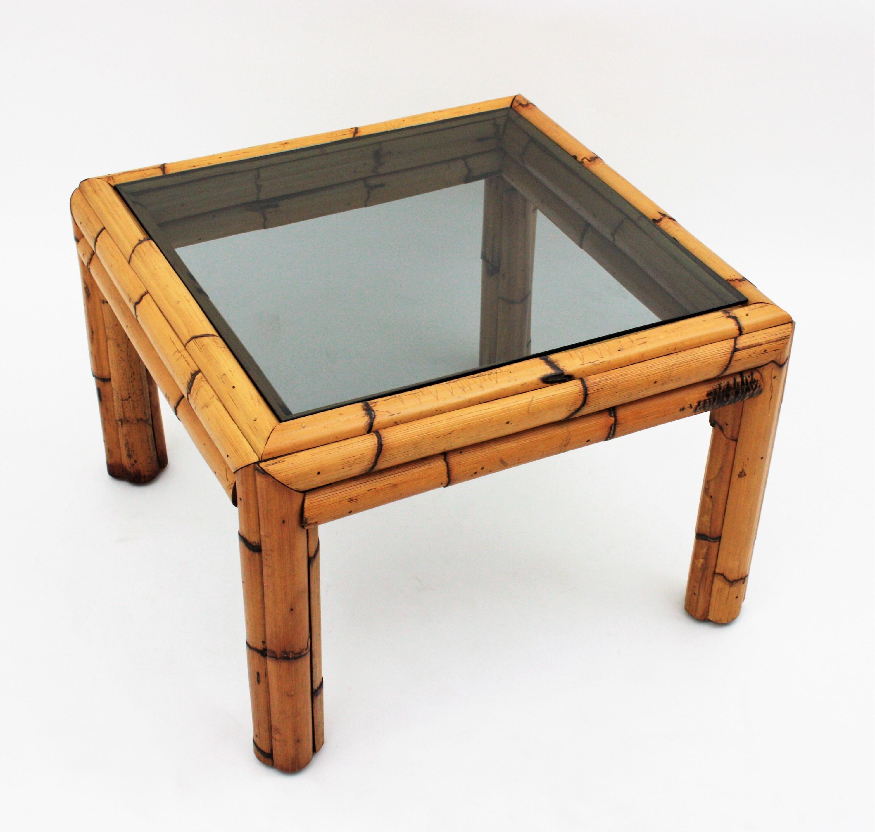 20th Century Bamboo Coffee Table with Smoked Glass Top For Sale