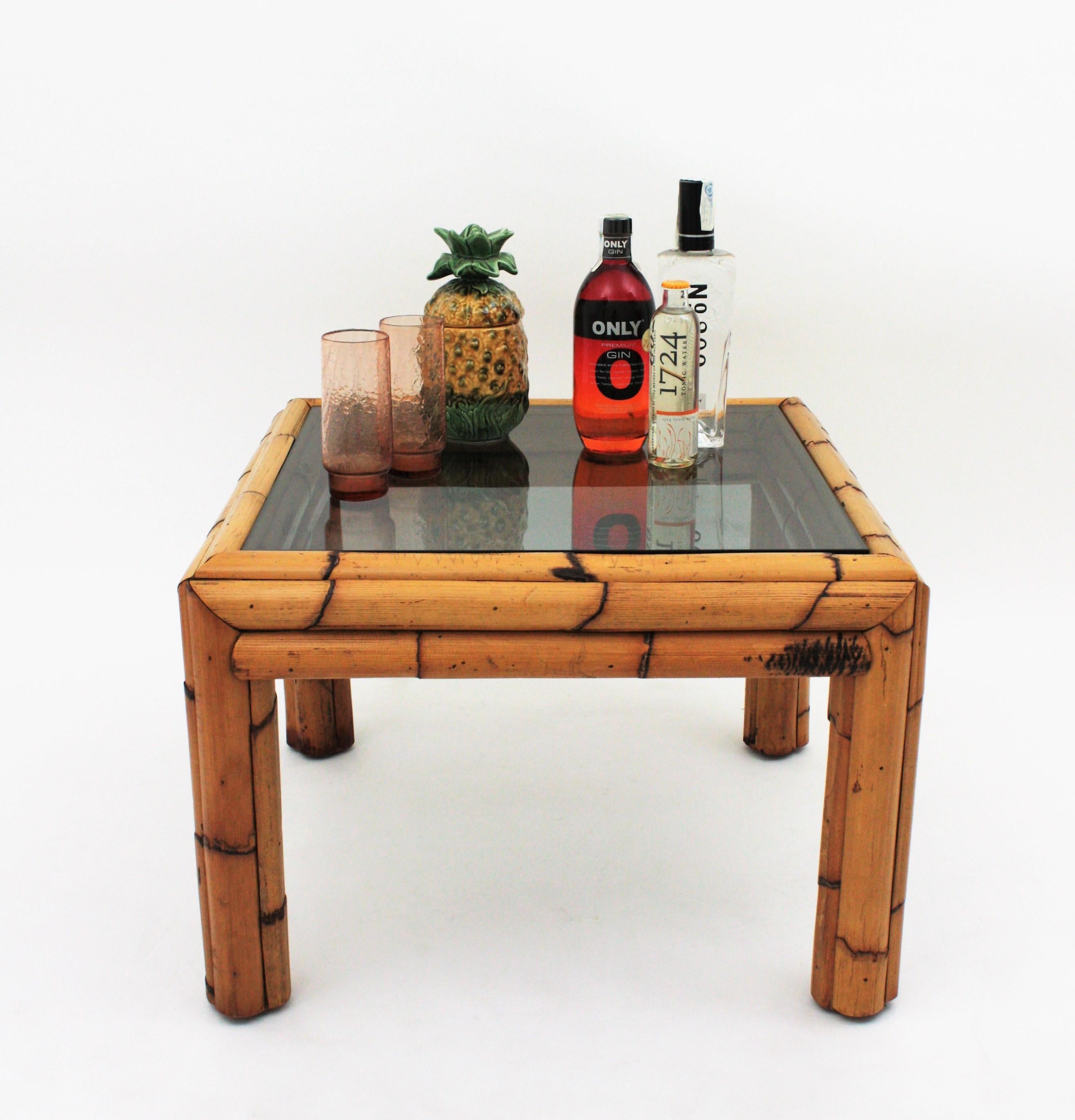Bamboo Coffee Table with Smoked Glass Top For Sale 1