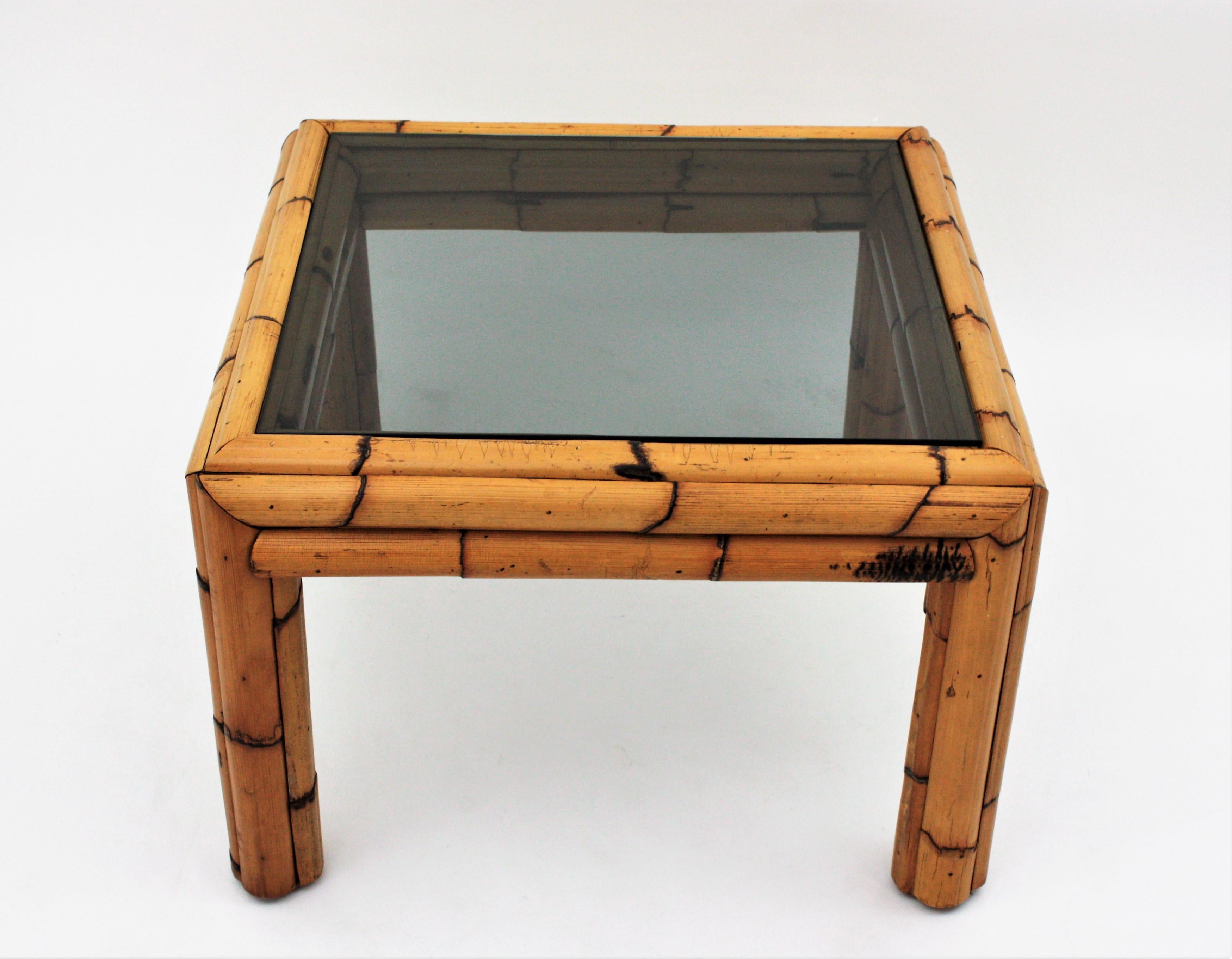 Bamboo Coffee Table with Smoked Glass Top For Sale 2