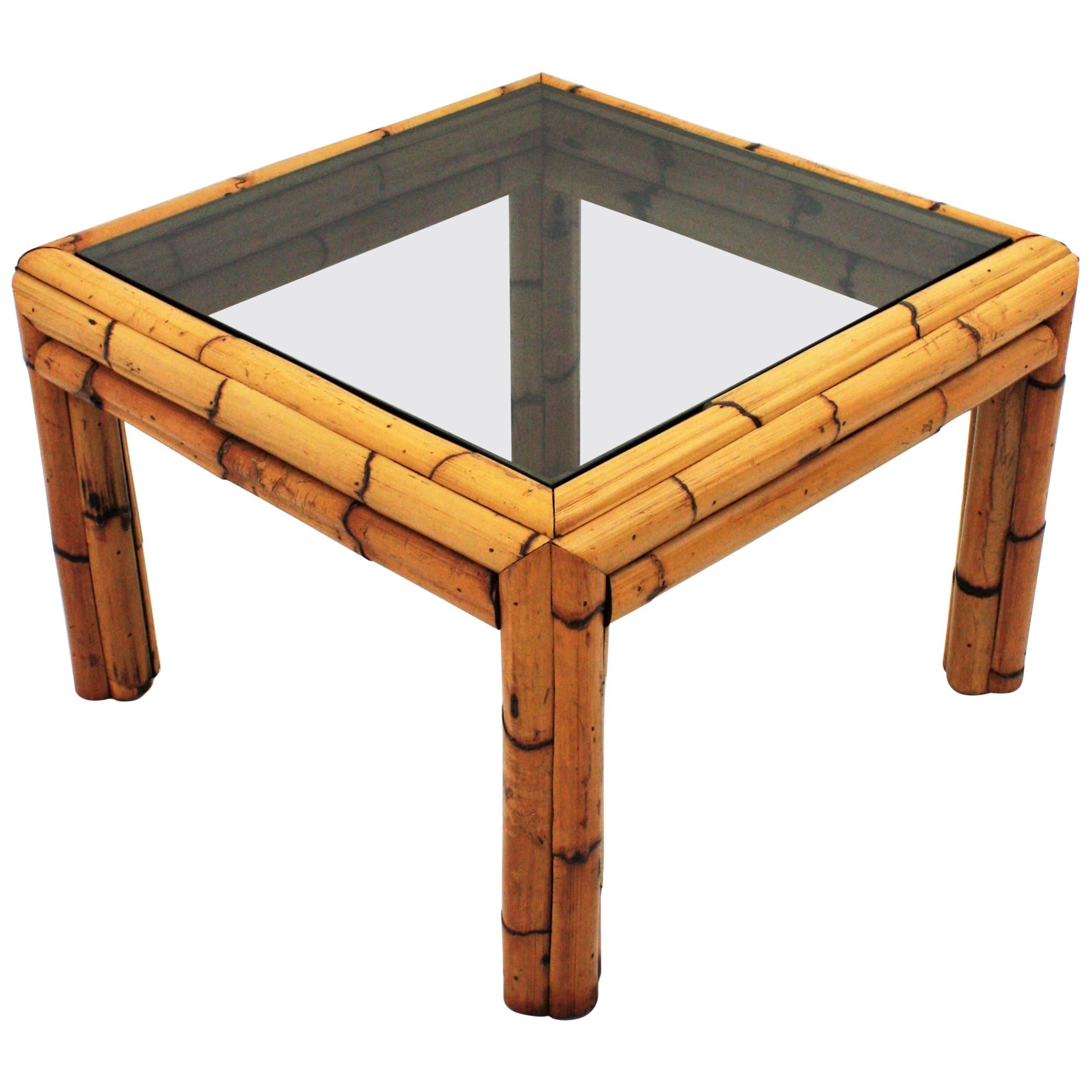 Thick Bamboo Square Table with Smoked Glass Top